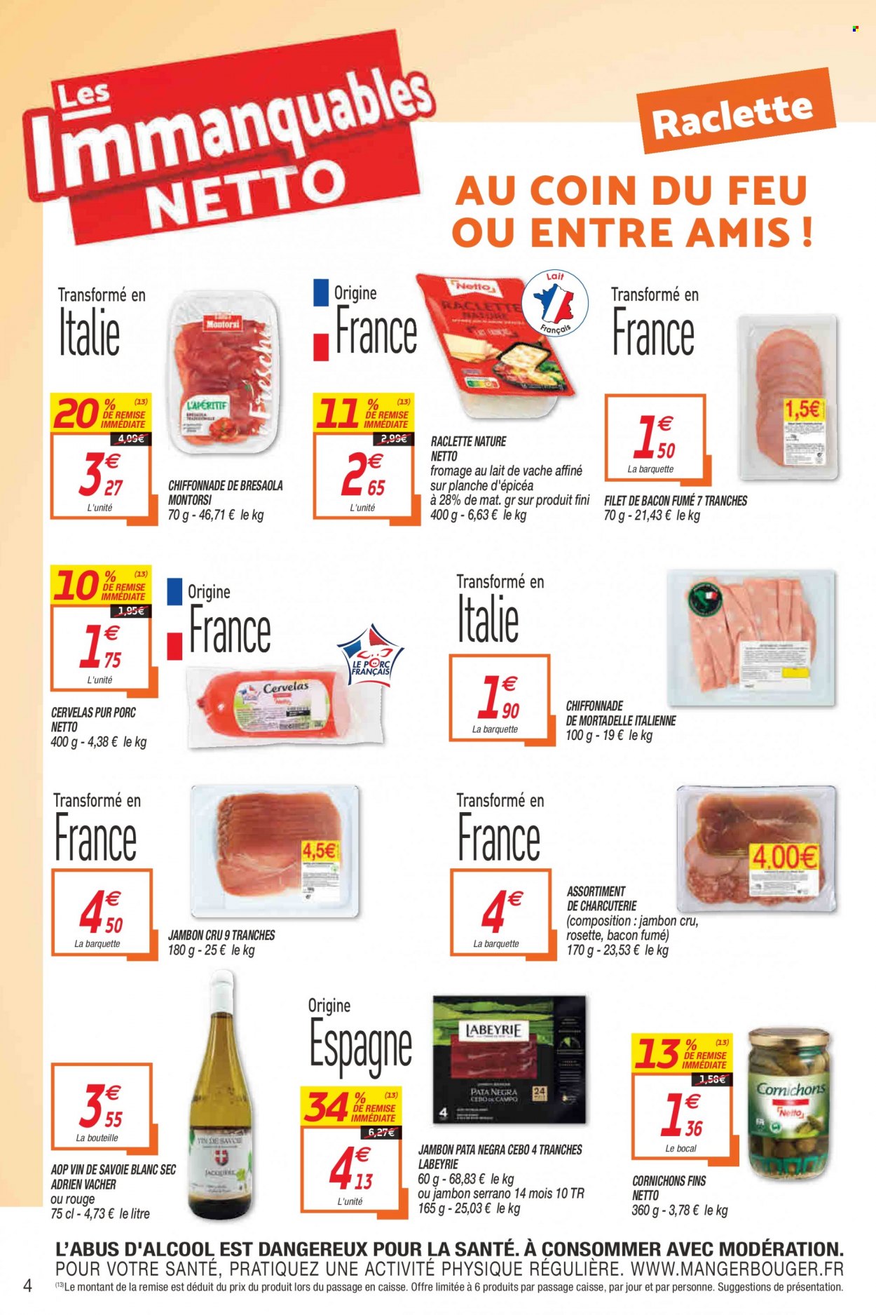 thumbnail - Catalogue Netto - 23/11/2021 - 28/11/2021 - Produits soldés - Labeyrie, filet de bacon, bresaola, jambon sec, rosette, mortadella, bacon, cervelas, La Raclette, cornichons, vin. Page 4.