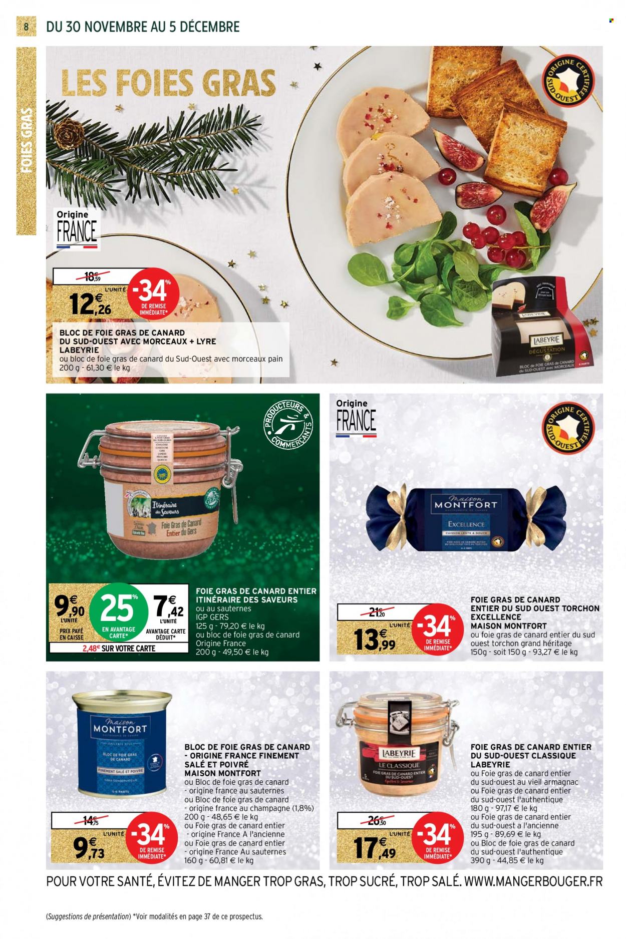 thumbnail - Catalogue Intermarché Super - 30/11/2021 - 05/12/2021 - Produits soldés - alcool, pain, Labeyrie, foie gras, champagne, armagnac, torchon, maison. Page 8.