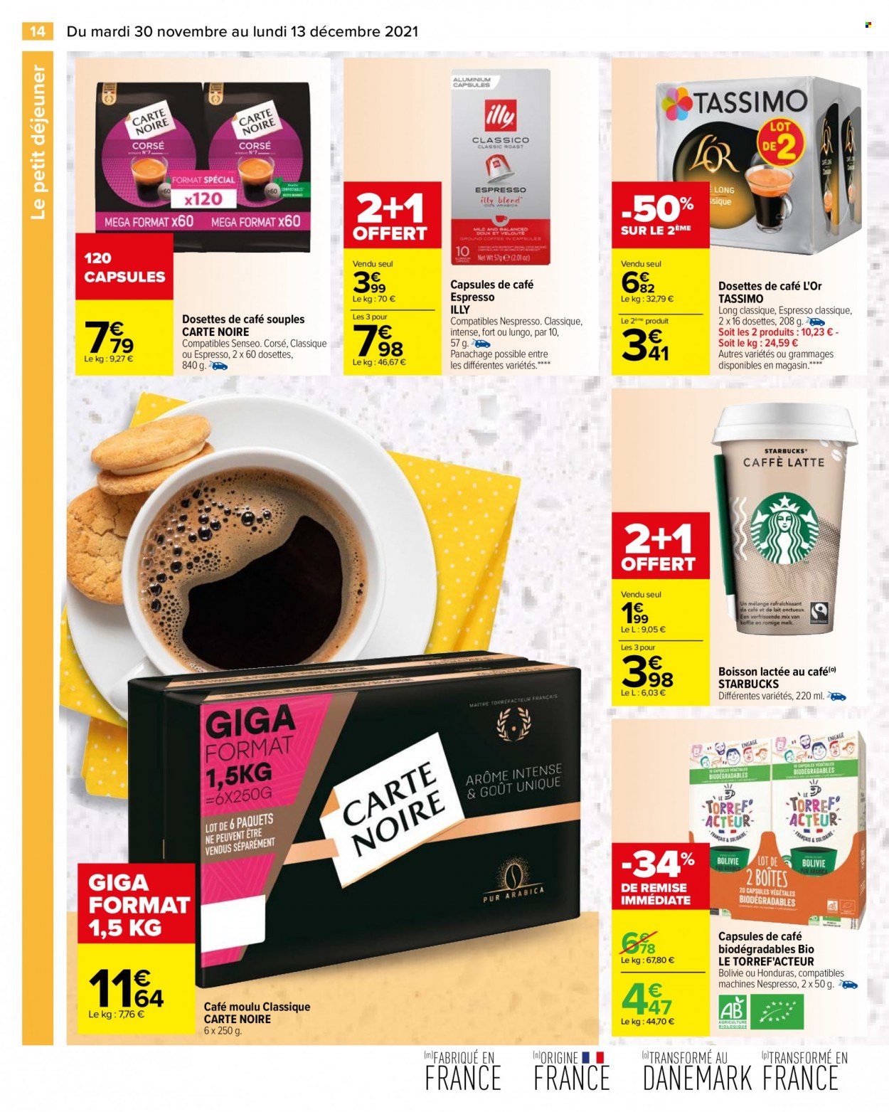 thumbnail - Catalogue Carrefour Hypermarchés - 30/11/2021 - 13/12/2021 - Produits soldés - café moulu, café capsules, dosettes de café, Carte Noire, Starbucks. Page 14.