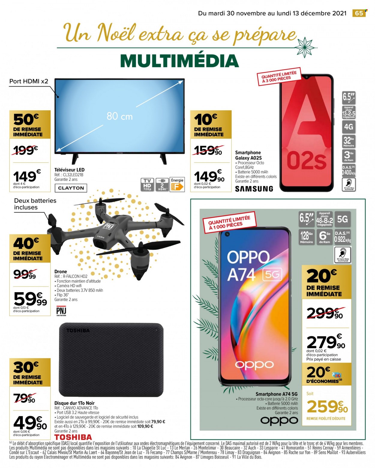 thumbnail - Catalogue Carrefour Hypermarchés - 30/11/2021 - 13/12/2021 - Produits soldés - drone, smartphone, caméra, téléviseur, téléviseur LED. Page 73.
