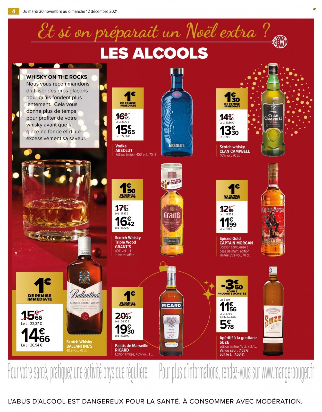 thumbnail - Catalogue Carrefour Market - 30/11/2021 - 12/12/2021 - Produits soldés - Captain Morgan, vodka, whisky, pastis, apéritif, verre. Page 4.