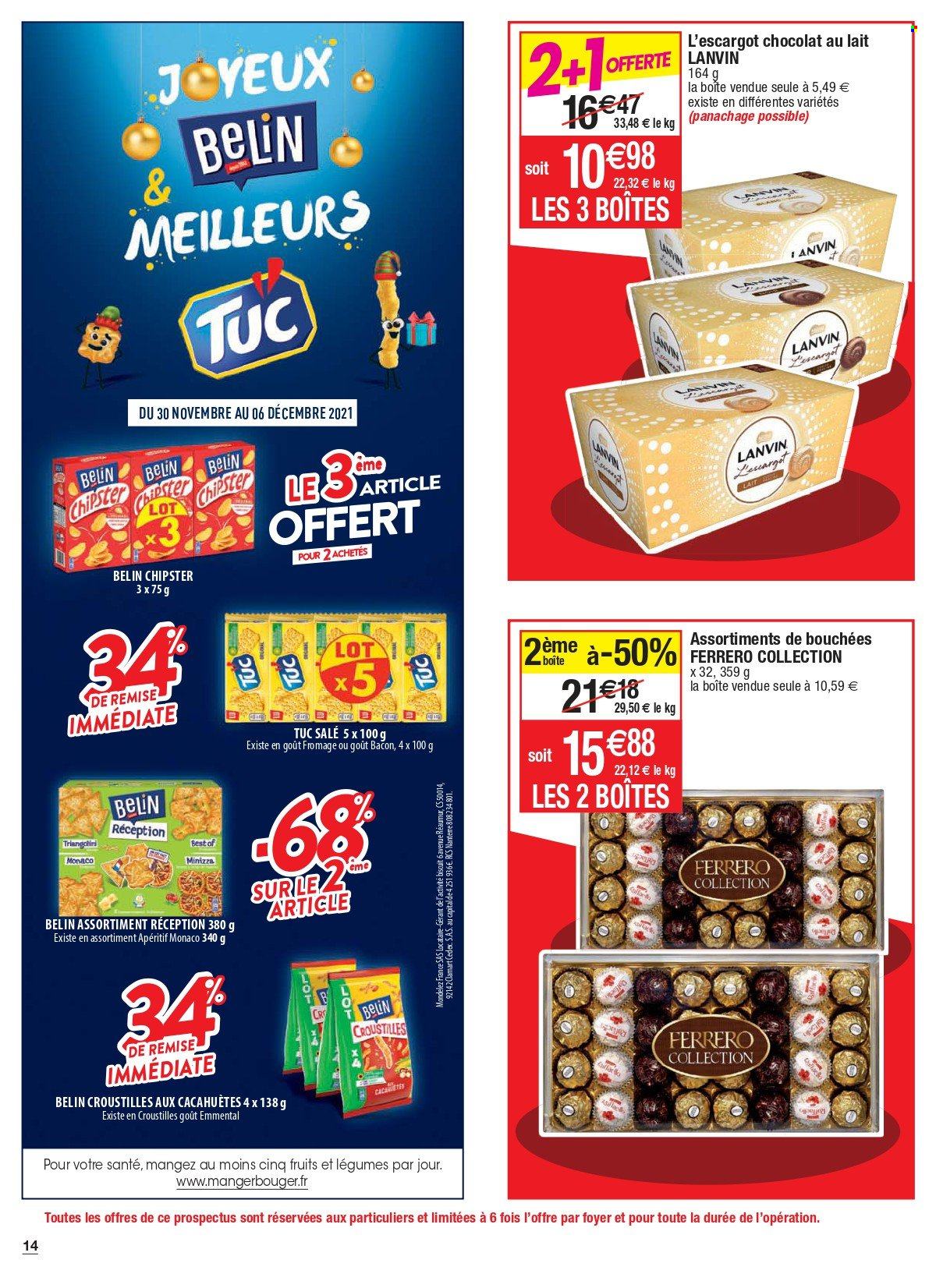 thumbnail - Catalogue Cora - 30/11/2021 - 06/12/2021 - Produits soldés - bouchées, escargots, emmental, chocolat, Lanvin, chocolat au lait, TUC, apéritif. Page 14.