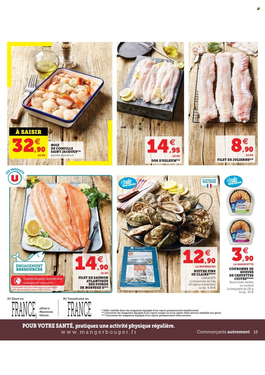 thumbnail - Catalogue Magasins U - 30/11/2021 - 04/12/2021 - Produits soldés - saumon, crevettes, huître, pavés de saumon, eglefin. Page 15.