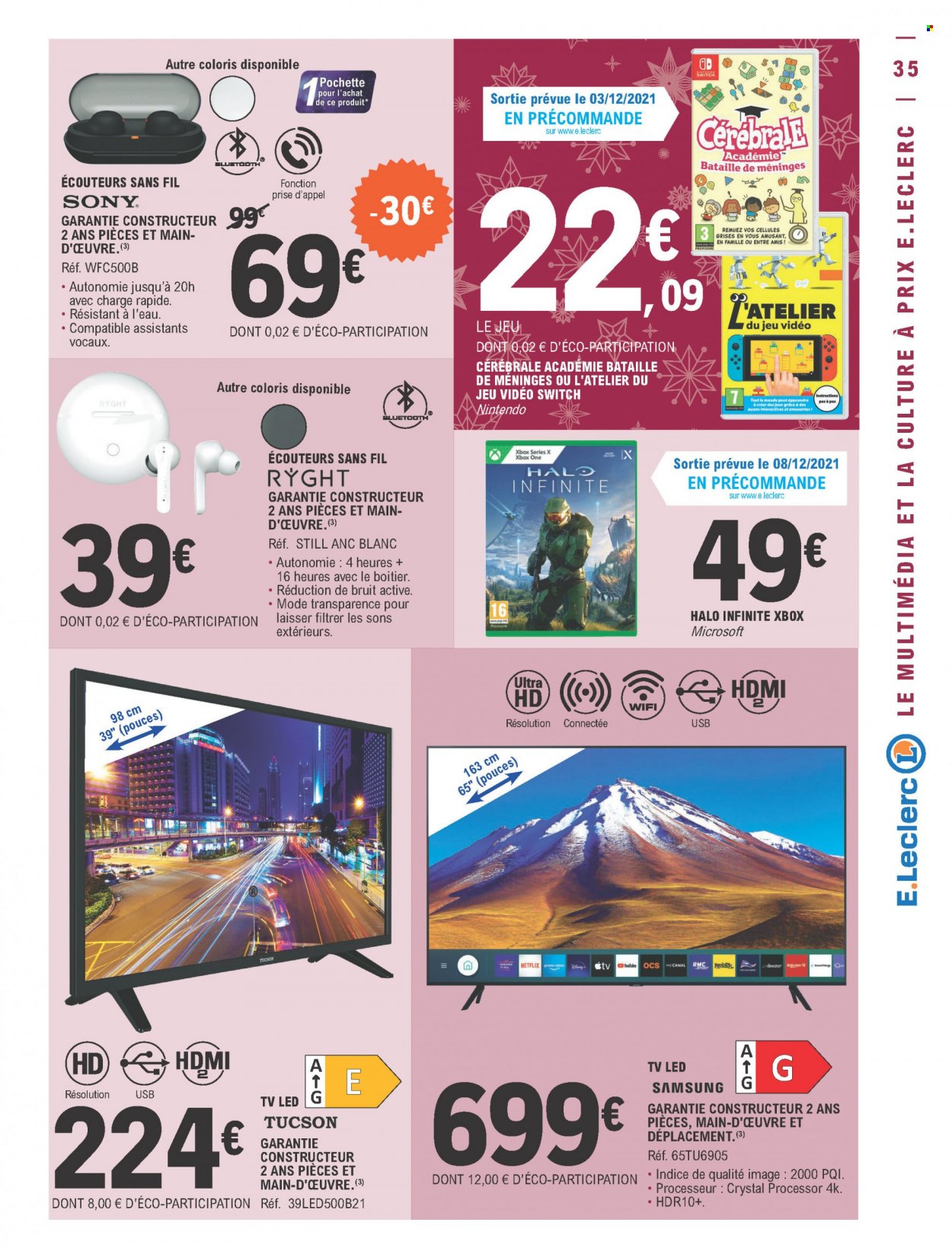 thumbnail - Catalogue E.Leclerc - 30/11/2021 - 11/12/2021 - Produits soldés - Samsung, Sony, Xbox, téléviseur, téléviseur LED, écouteurs, TUCSON, pochette. Page 35.