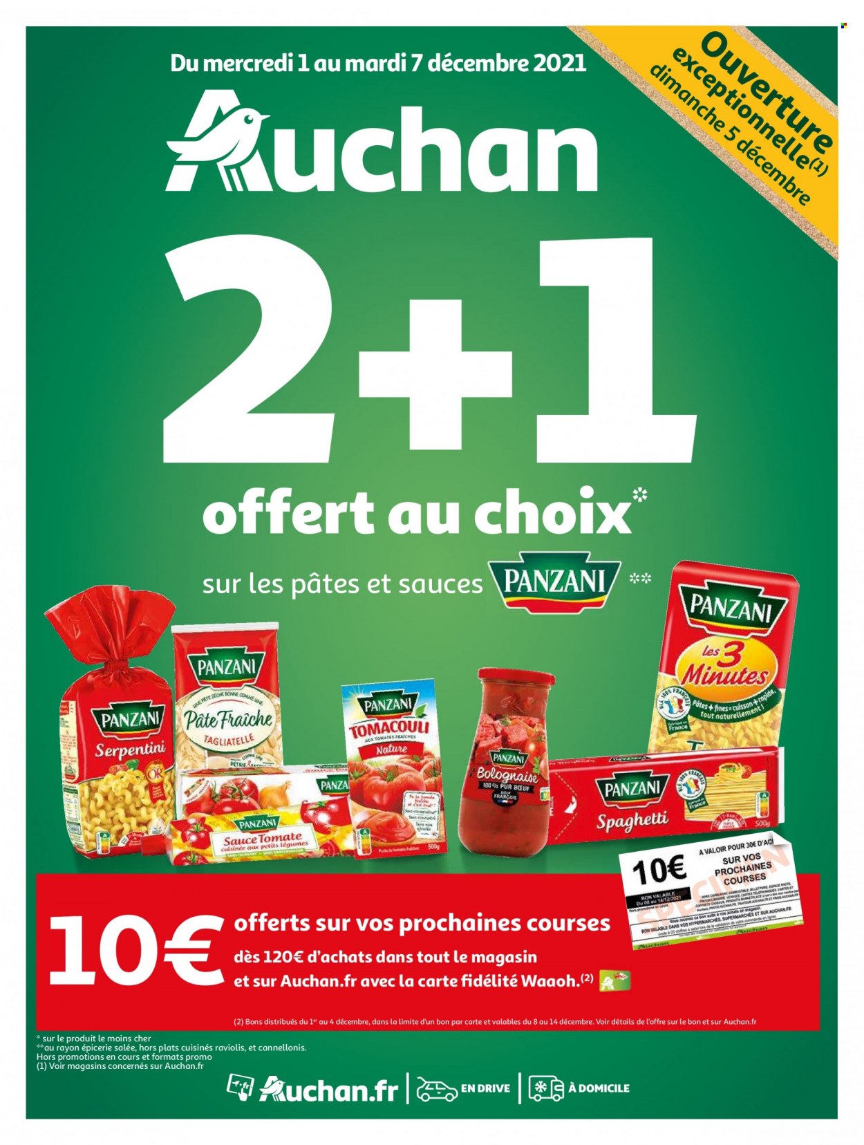thumbnail - Catalogue Auchan - 01/12/2021 - 07/12/2021 - Produits soldés - ravioli, plat cuisiné, LU, Panzani, sauce tomate, tagliatelles, pâte fraîche. Page 1.