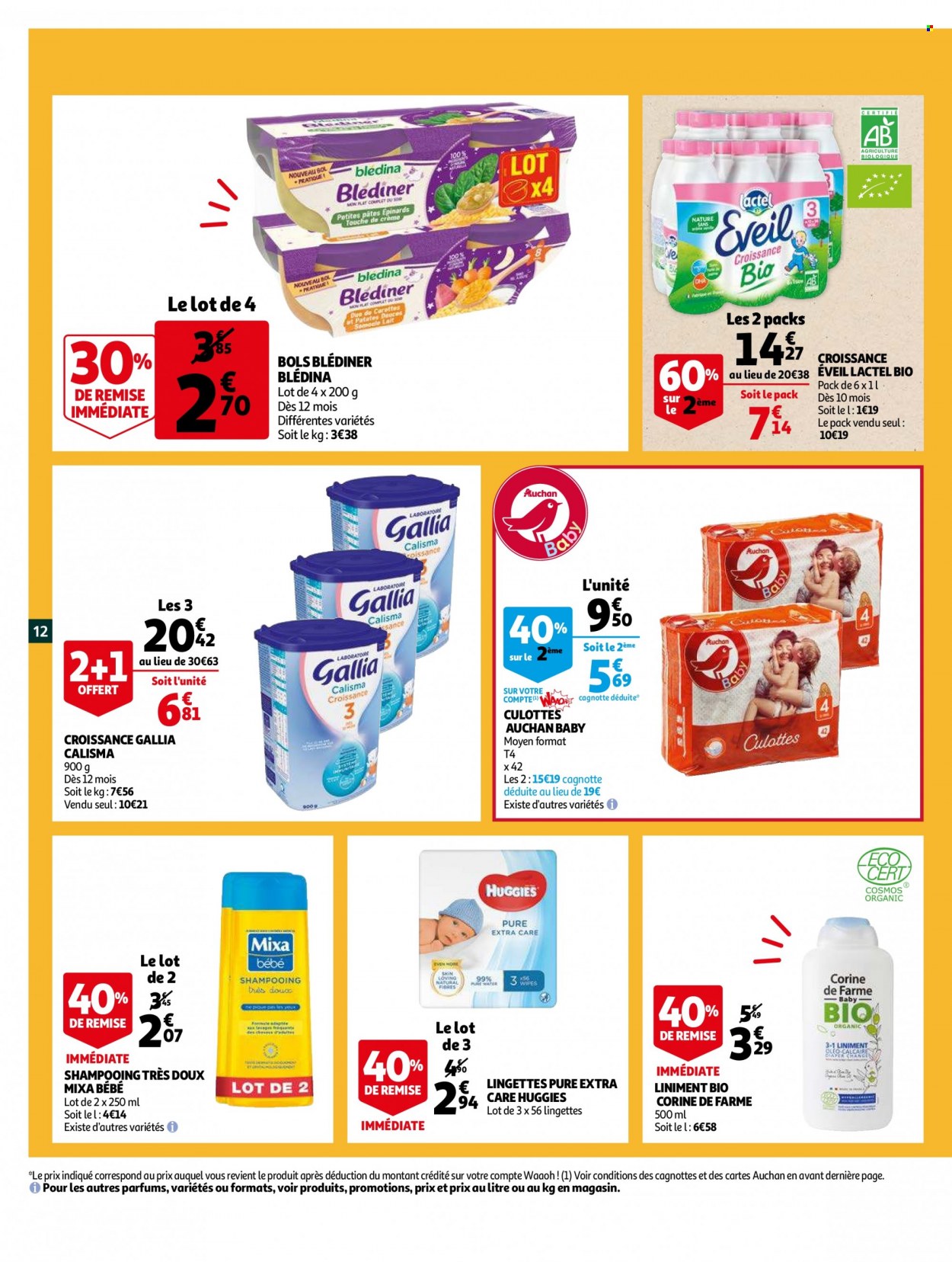 thumbnail - Catalogue Auchan - 01/12/2021 - 07/12/2021 - Produits soldés - carotte, Lactel, pâtes, Blédina, Huggies, lingettes, shampooing, Mixa, culotte. Page 12.