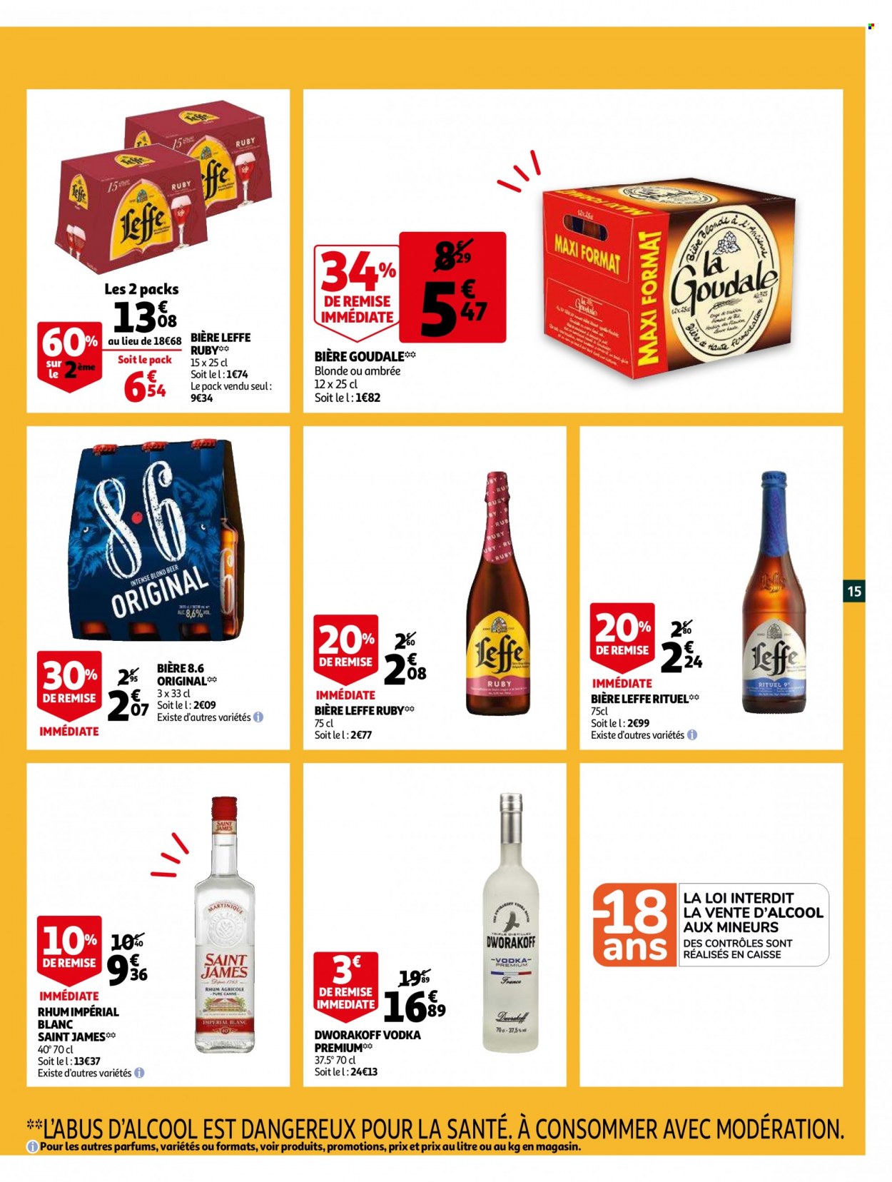 thumbnail - Catalogue Auchan - 01/12/2021 - 07/12/2021 - Produits soldés - Leffe, bière, Goudale, vodka, rhum. Page 15.