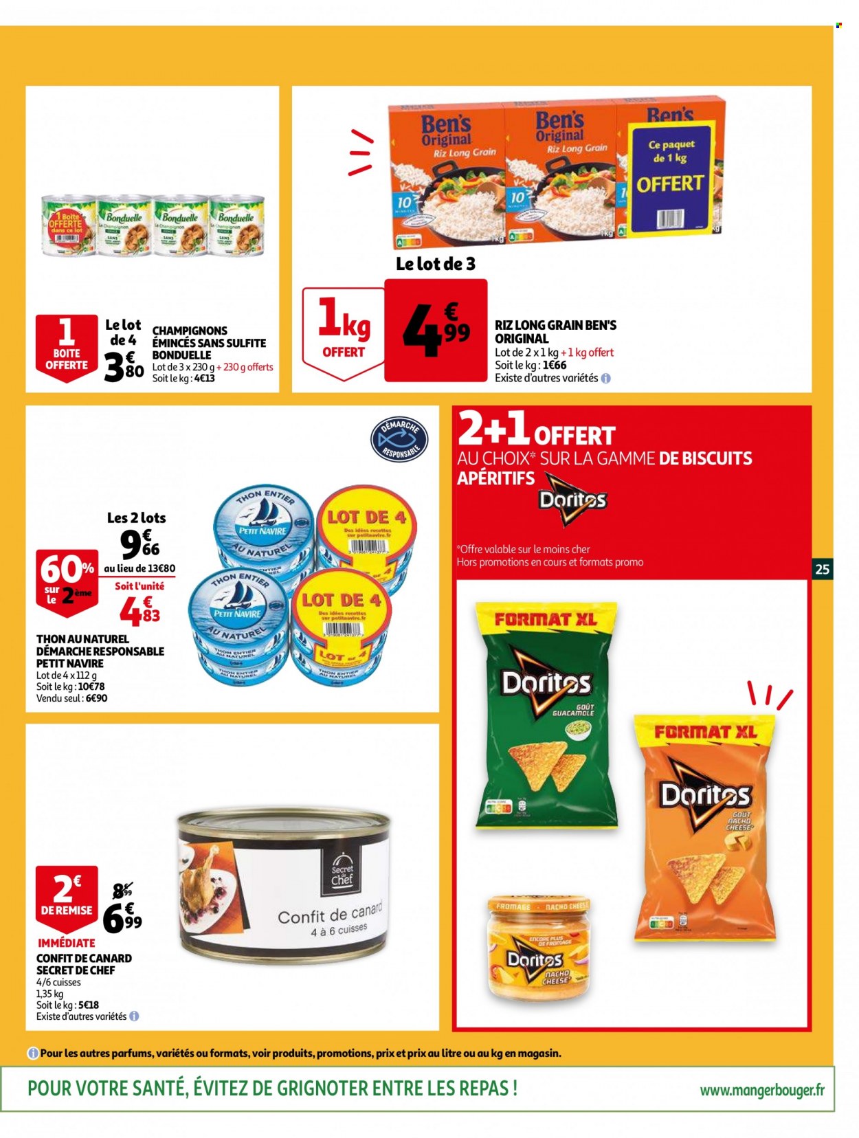 thumbnail - Catalogue Auchan - 01/12/2021 - 07/12/2021 - Produits soldés - Petit Navire, confit de canard, fromage, Bonduelle, biscuits, Doritos, nacho, riz, guacamole. Page 25.