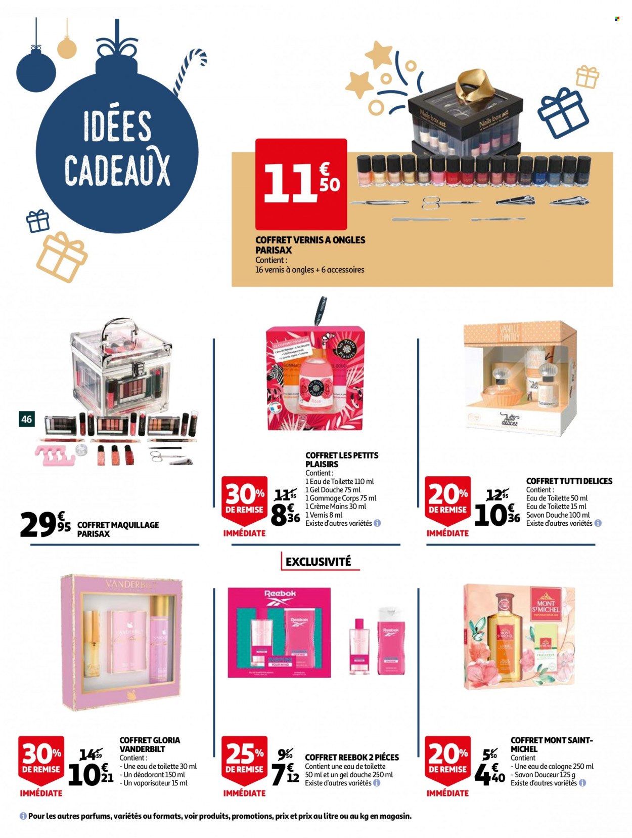 thumbnail - Catalogue Auchan - 01/12/2021 - 07/12/2021 - Produits soldés - Reebok, savon, gel douche, déodorant, desodorisant, eau de toilette, eau de cologne, vernis à ongles, coffret. Page 46.