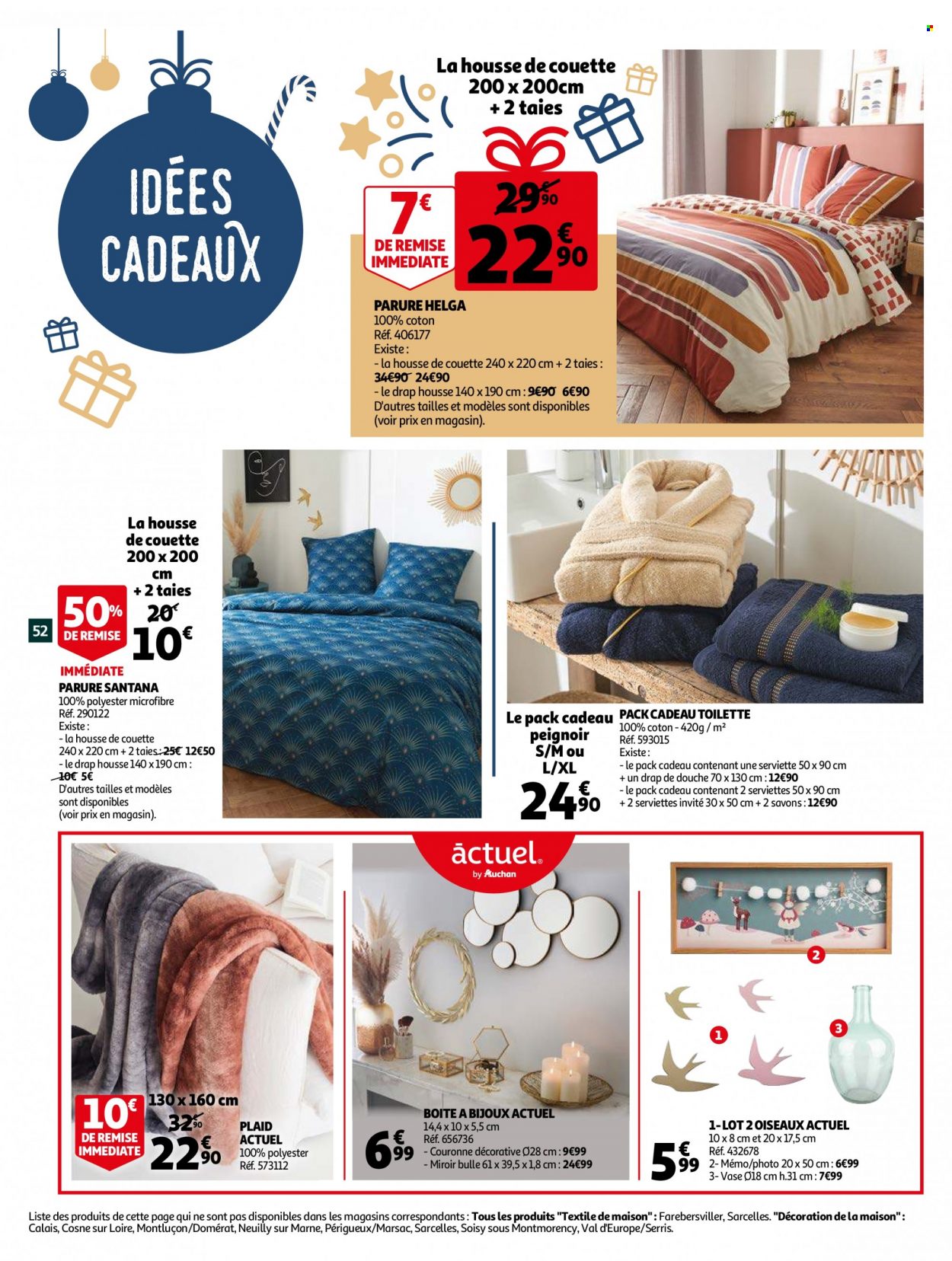 thumbnail - Catalogue Auchan - 01/12/2021 - 07/12/2021 - Produits soldés - serviette, savon, couette, housse de couette, plaid, drap, taie, drap housse, vase, peignoir, bijouterie. Page 52.
