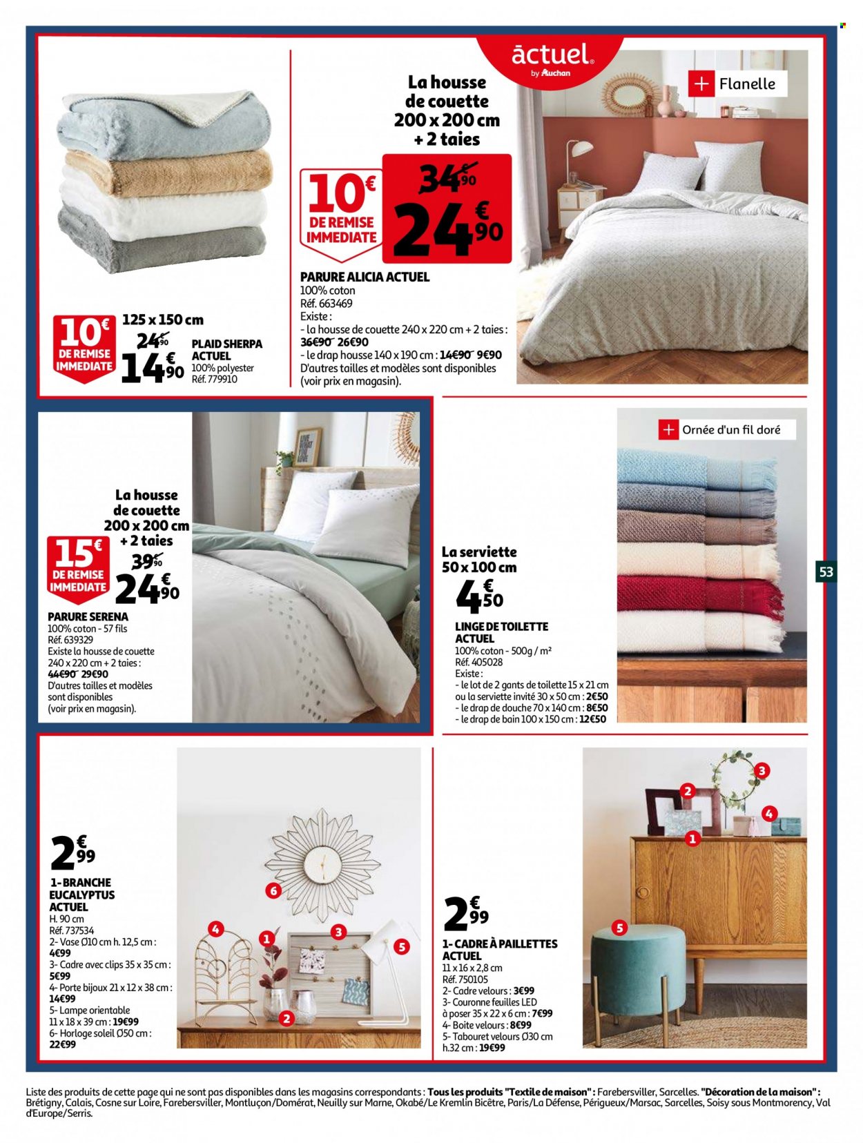 thumbnail - Catalogue Auchan - 01/12/2021 - 07/12/2021 - Produits soldés - serviette, couette, housse de couette, plaid, drap, taie, drap housse, drap de bain, tabouret, horloge, vase, bijouterie, lampe. Page 53.