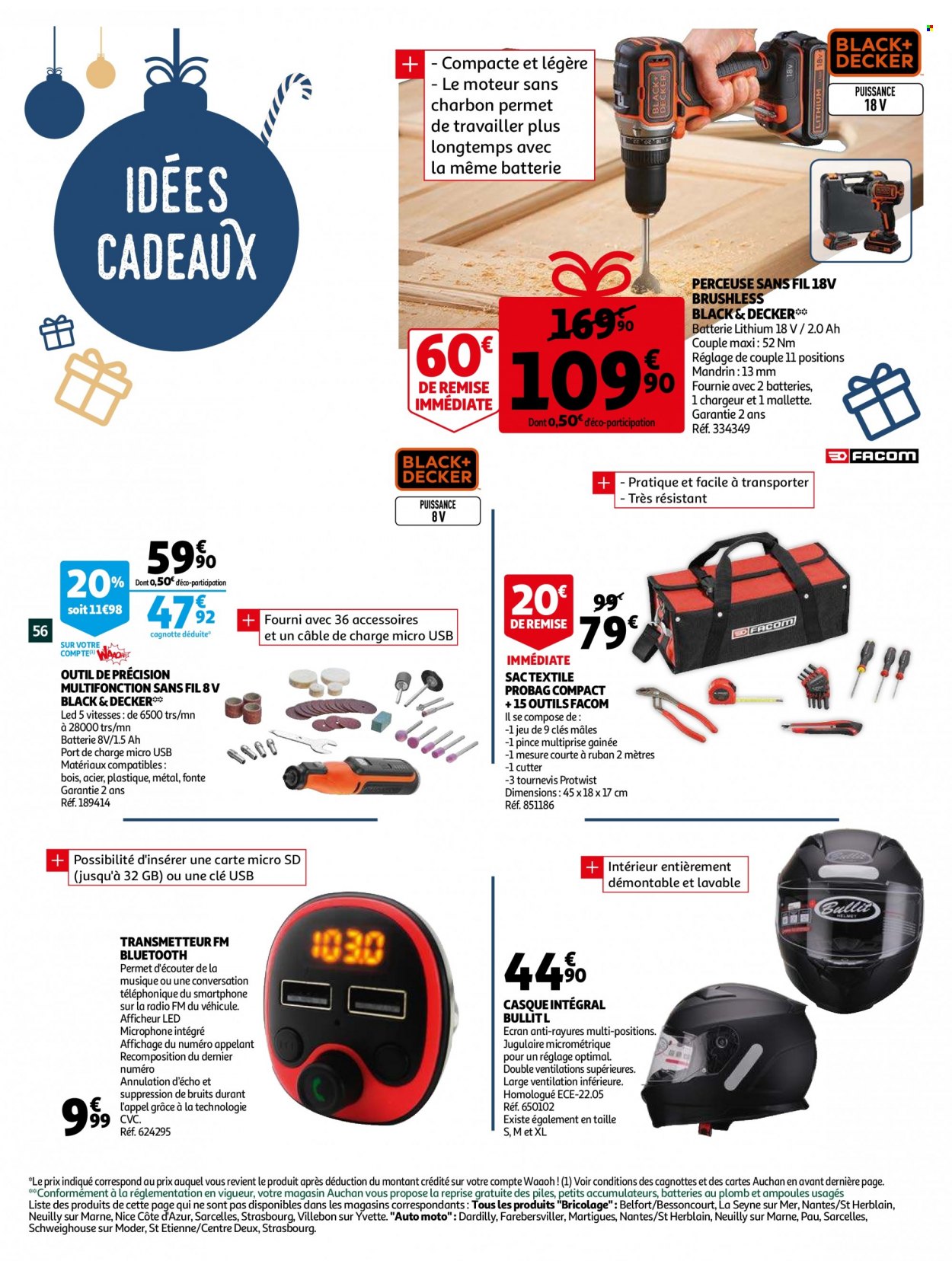 thumbnail - Catalogue Auchan - 01/12/2021 - 07/12/2021 - Produits soldés - casque, smartphone, carte micro sd, clé USB, mallette, perceuse sans fil, casque moto. Page 56.