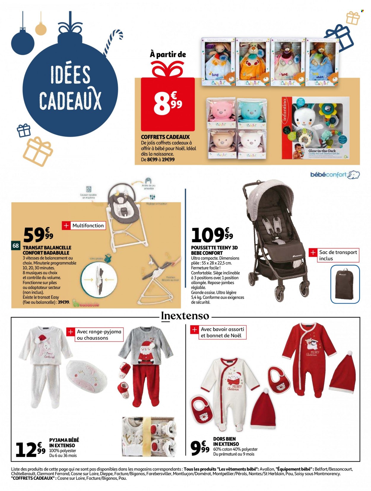 thumbnail - Catalogue Auchan - 01/12/2021 - 07/12/2021 - Produits soldés - chausson, coussin, transat, pyjama, bonnet, sac de transport, poussette, bavoir. Page 72.