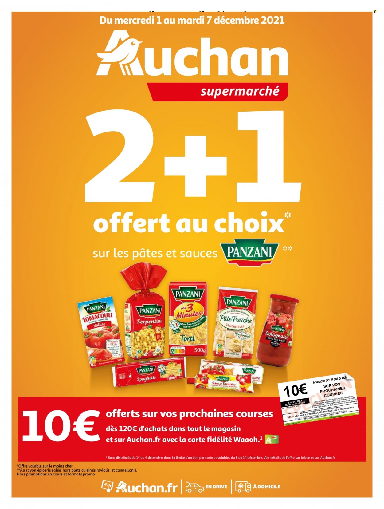 thumbnail - Catalogue Auchan - 01/12/2021 - 07/12/2021 - Produits soldés - ravioli, plat cuisiné, Panzani, tagliatelles, pâte fraîche. Page 1.