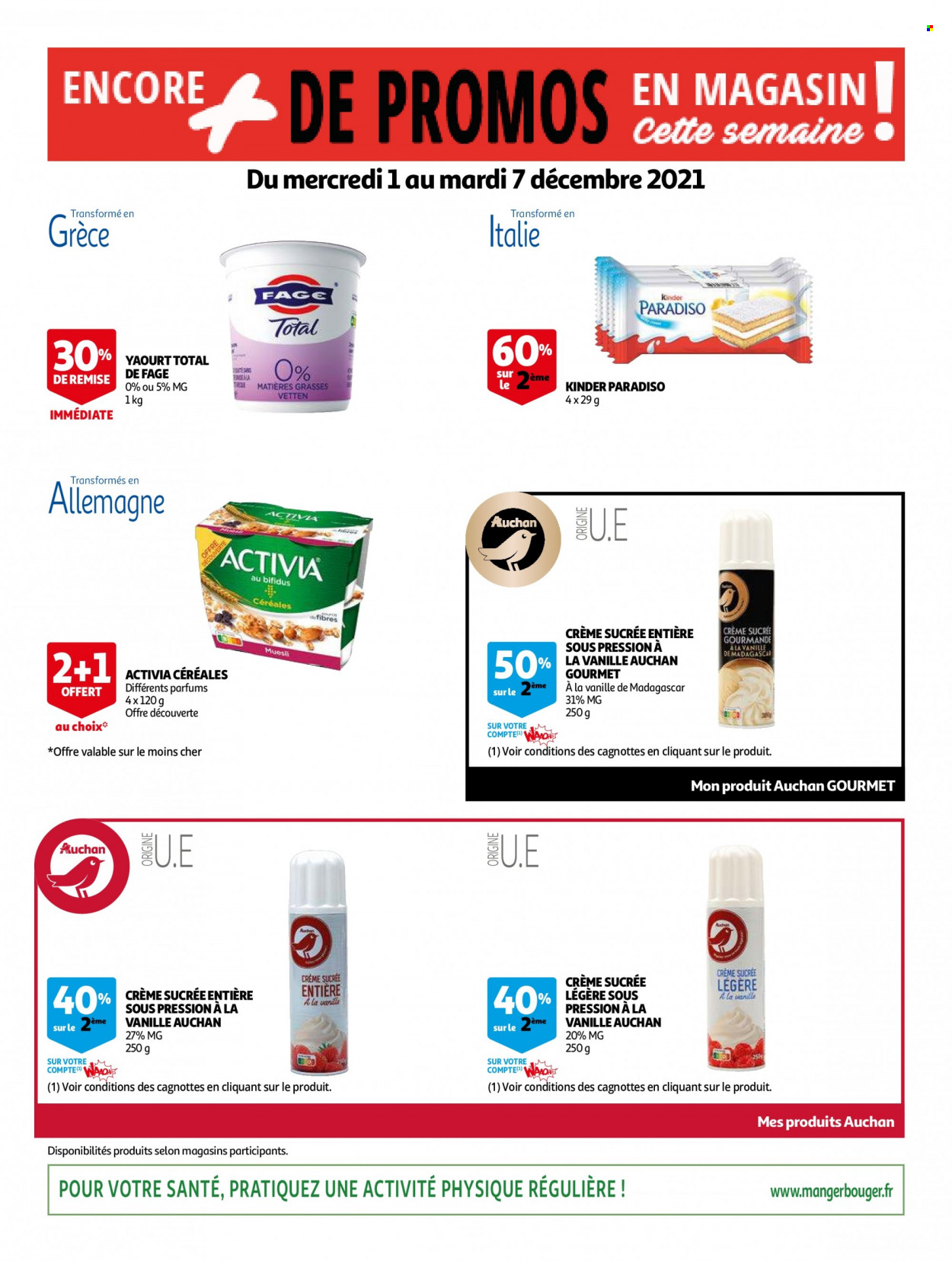 thumbnail - Catalogue Auchan - 01/12/2021 - 07/12/2021 - Produits soldés - Activia, yaourt, Kinder, céréales. Page 1.