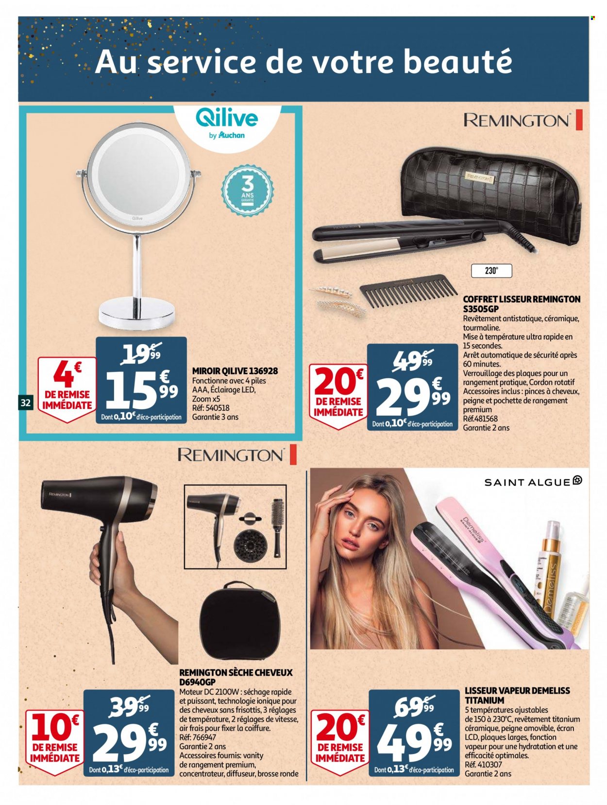 thumbnail - Catalogue Auchan - 01/12/2021 - 24/12/2021 - Produits soldés - brosse, coffret, diffuseur, Remington, fer à cheveux, sèche-cheveux, miroir, pochette. Page 32.