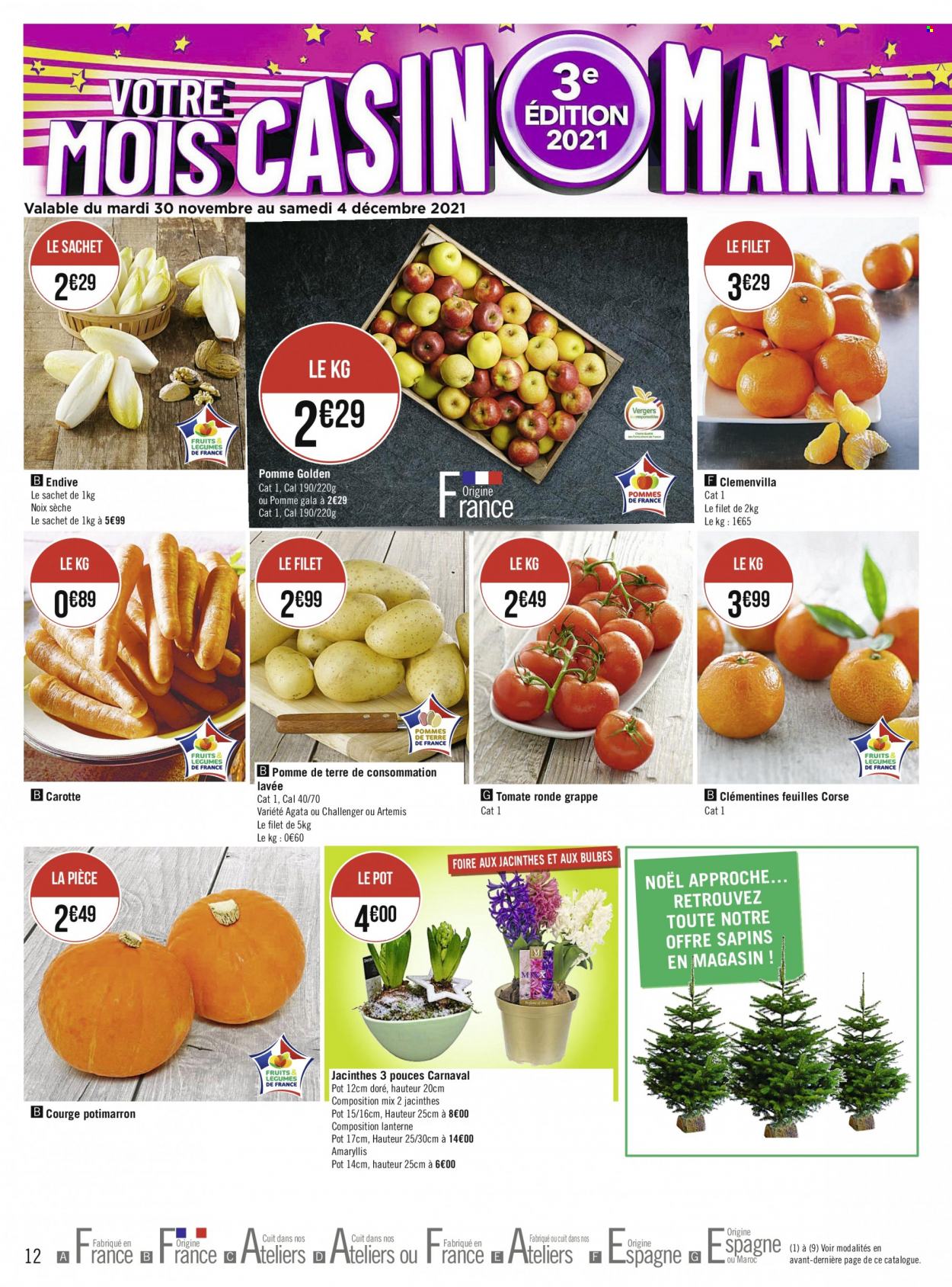 thumbnail - Catalogue Géant Casino - 29/11/2021 - 12/12/2021 - Produits soldés - clémentines, tomates, carotte, courge, endives, potimarron, pommes de terre. Page 12.