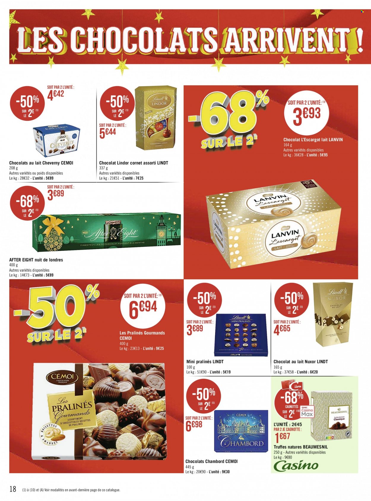 thumbnail - Catalogue Géant Casino - 29/11/2021 - 12/12/2021 - Produits soldés - escargots, chocolat, Lindor, Lanvin, chocolat au lait, pralinés, Lindt, truffes. Page 18.