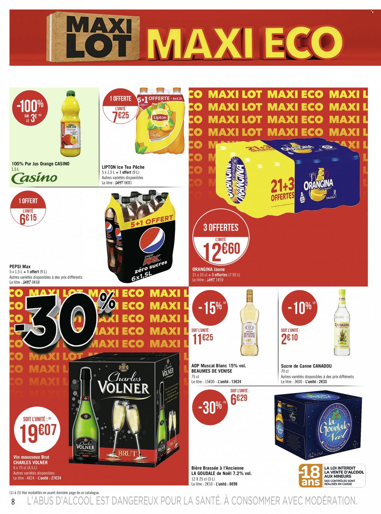 thumbnail - Catalogue Géant Casino - 29/11/2021 - 12/12/2021 - Produits soldés - bière, Goudale, sucre, jus d'orange, Lipton, pur jus, Pepsi, Orangina, thé glacé, vin. Page 8.