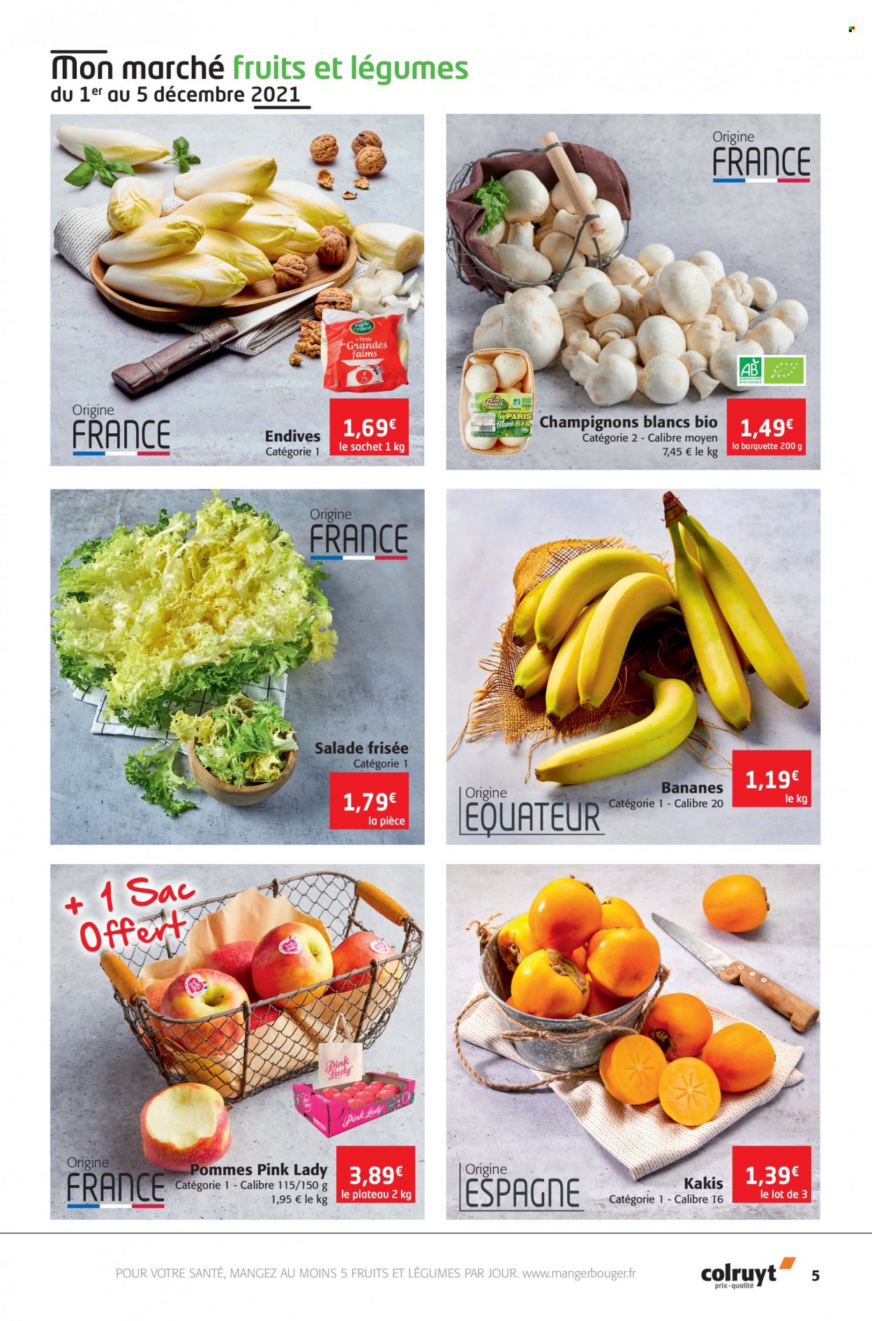 thumbnail - Catalogue Colruyt - 01/12/2021 - 12/12/2021 - Produits soldés - pommes, bananes, salade, endives, frisée, champignon. Page 5.