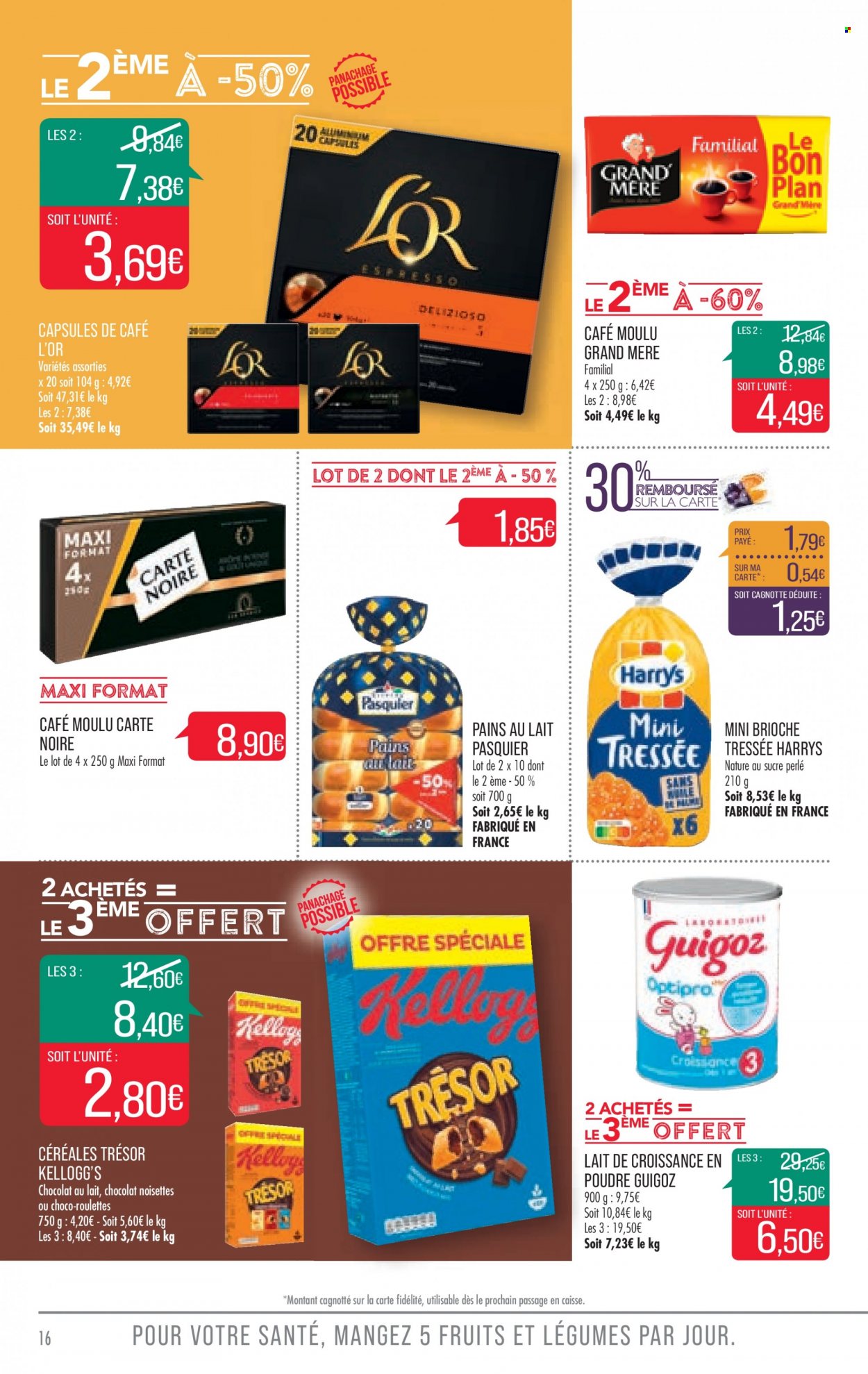 thumbnail - Catalogue Supermarché Match - 30/11/2021 - 12/12/2021 - Produits soldés - brioche, pain au lait, Kellogg's, chocolat au lait, céréales, café moulu, café capsules, Carte Noire. Page 16.