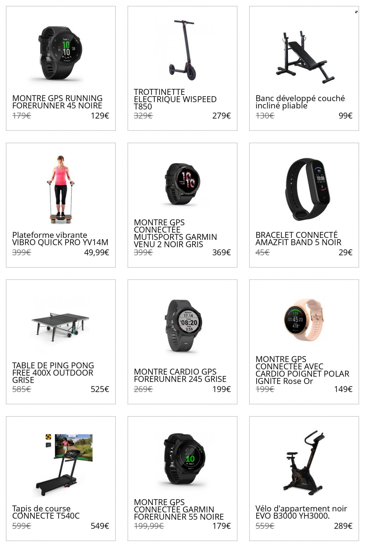 thumbnail - Catalogue Decathlon - Produits soldés - montre, Amazfit, trottinette, trottinette électrique, bracelet, vélo d'appartement. Page 1.