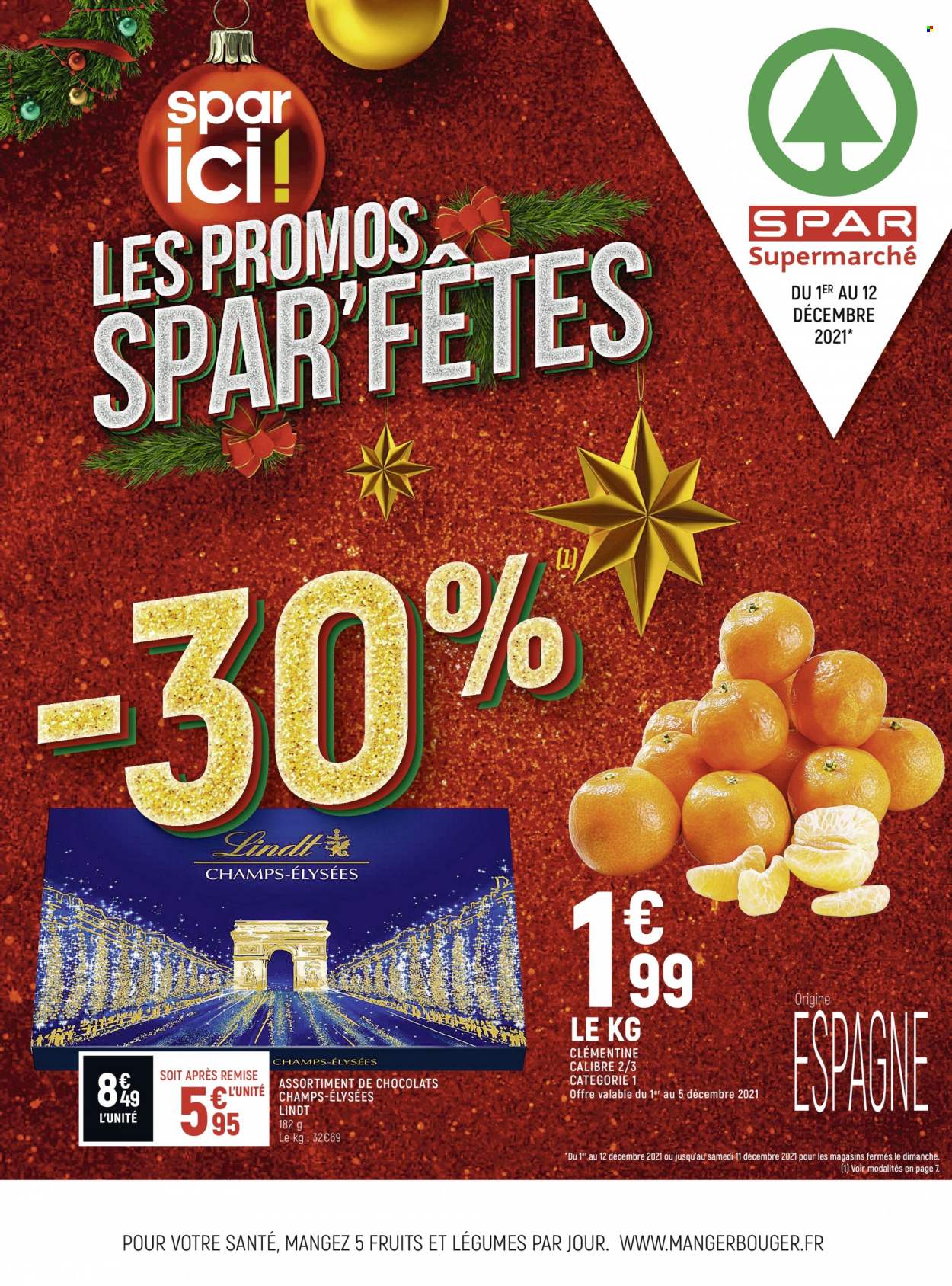thumbnail - Catalogue Spar Supermarché - 01/12/2021 - 12/12/2021 - Produits soldés - clémentines, chocolat, Lindt. Page 1.
