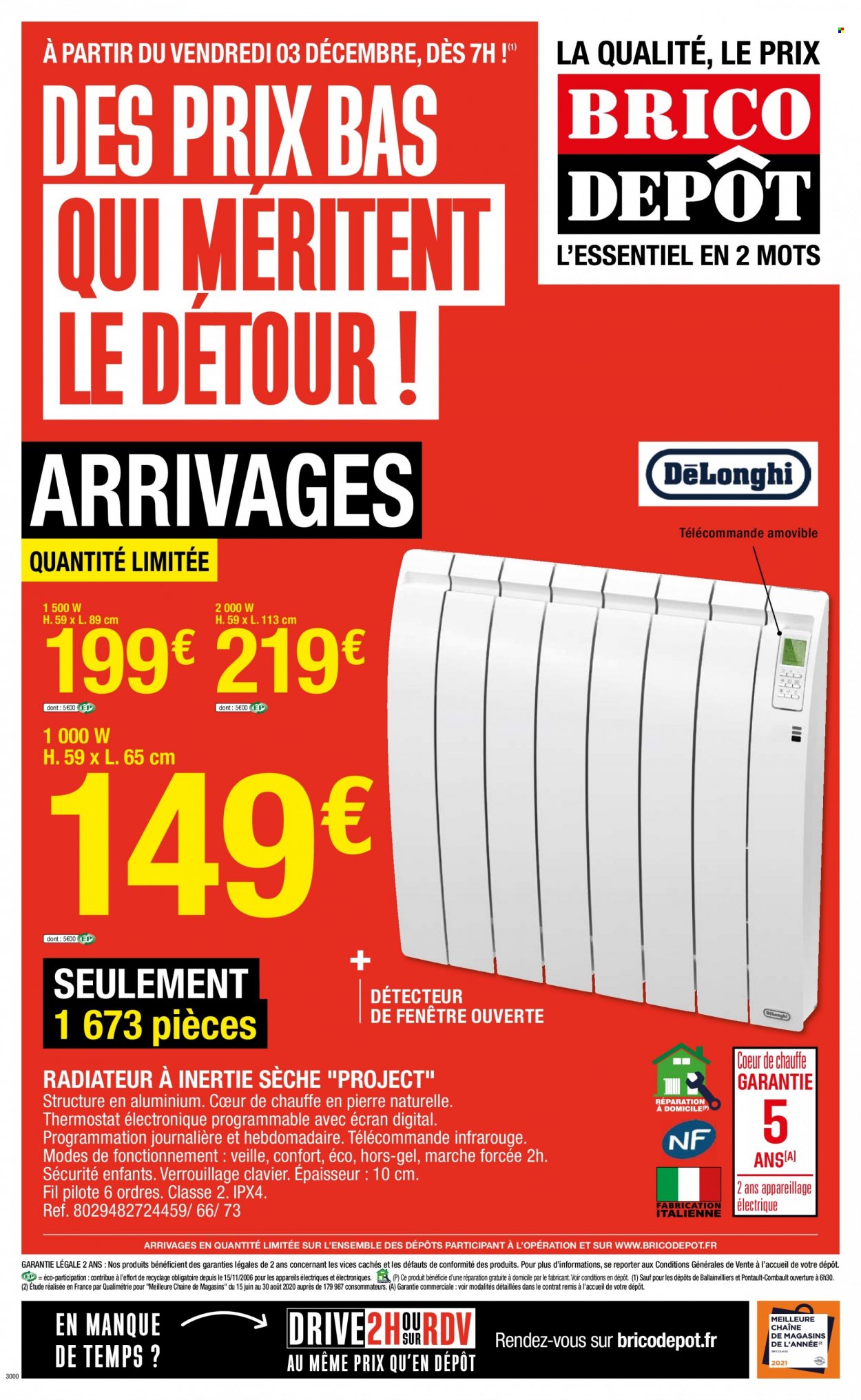 Catalogue Brico Dépôt - 03/12/2021 - 30/12/2021 - Produits soldés - radiateur. Page 1.