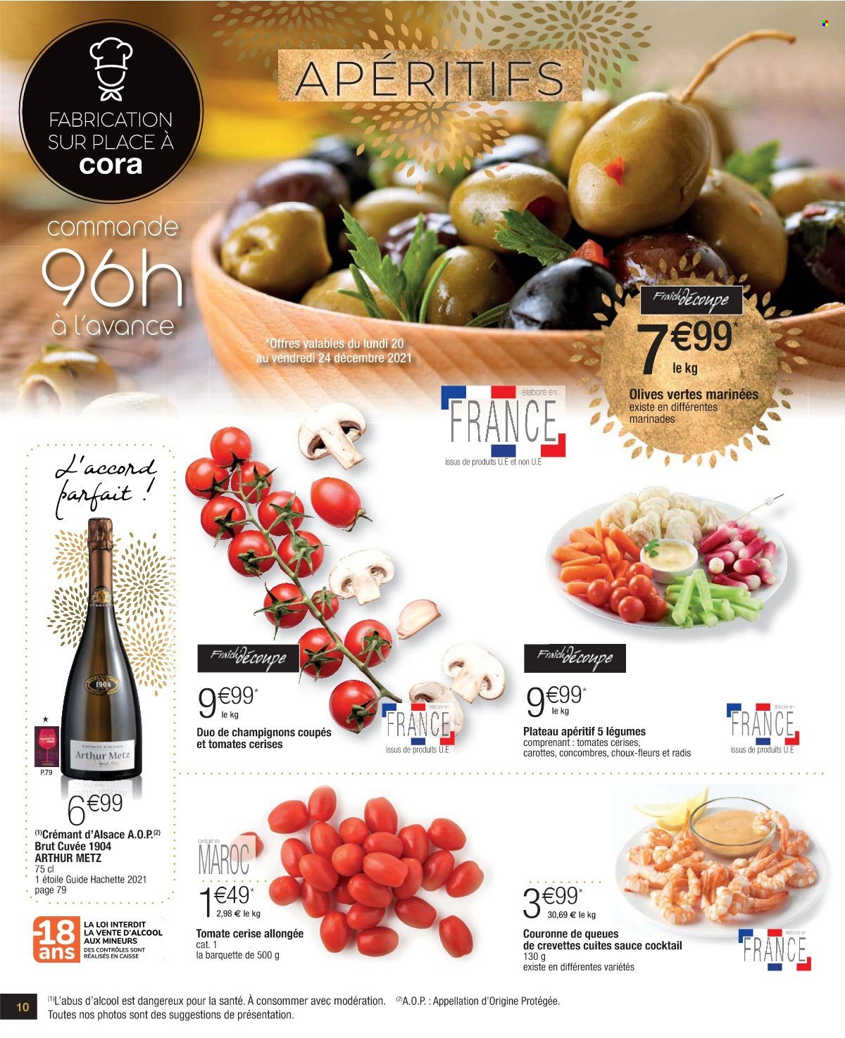 thumbnail - Catalogue Cora - 07/12/2021 - 31/12/2021 - Produits soldés - carotte, concombre, chou-fleur, radis, tomates cerises, champignon, crevettes, olives vertes, Crémant d’Alsace, champagne, apéritif, fleur. Page 10.