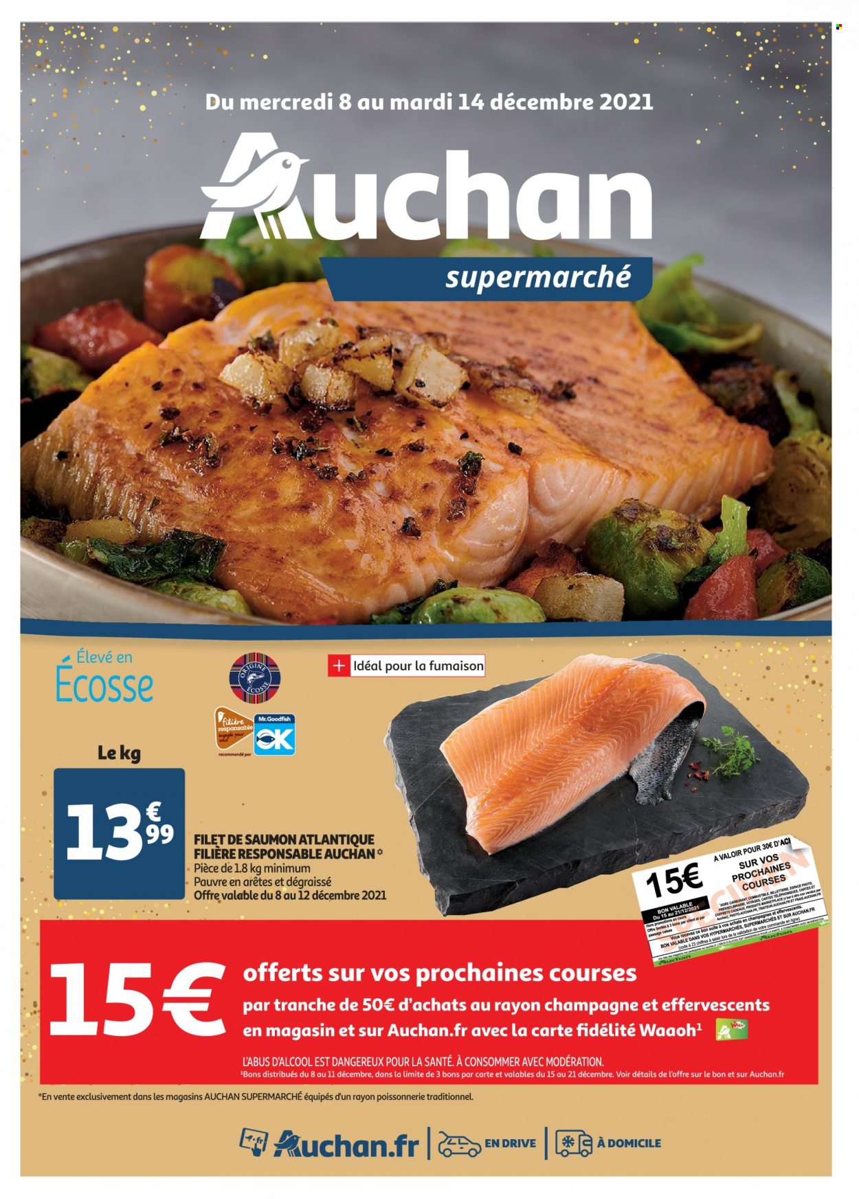thumbnail - Catalogue Auchan - 08/12/2021 - 14/12/2021 - Produits soldés - saumon, pavés de saumon, champagne, gin. Page 1.