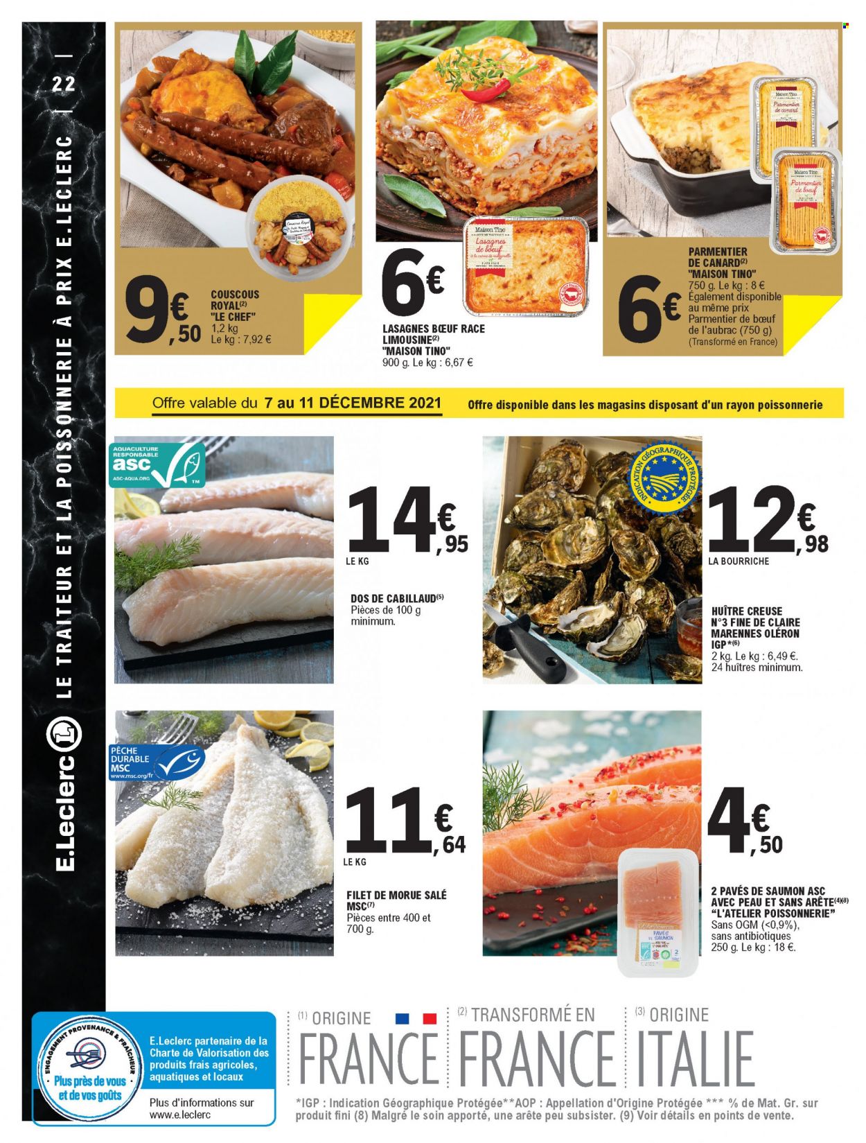 thumbnail - Catalogue E.Leclerc - 07/12/2021 - 18/12/2021 - Produits soldés - saumon, huître, morue, pavés de saumon, lasagnes, Maison Tino, couscous. Page 22.