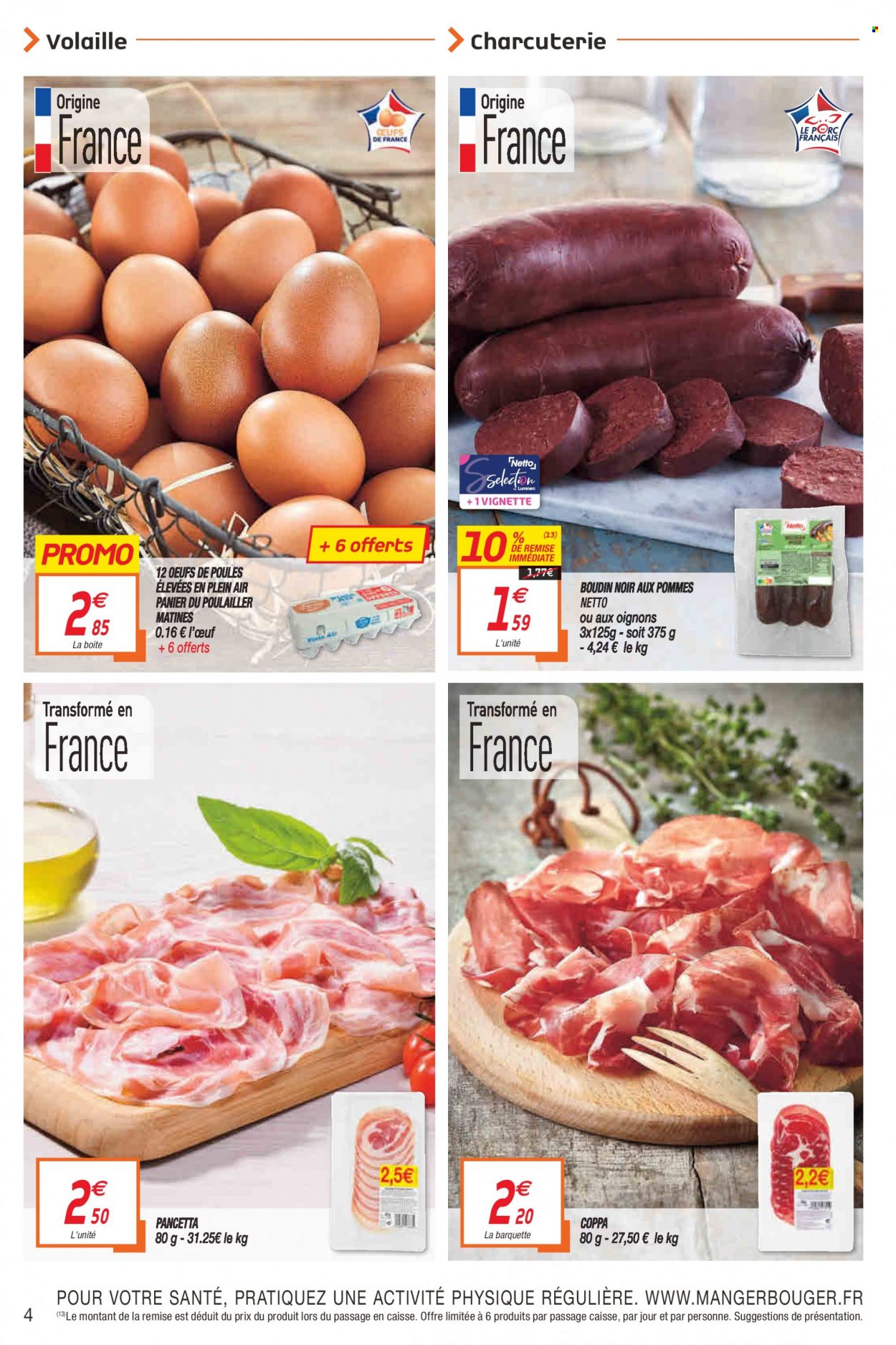 thumbnail - Catalogue Netto - 07/12/2021 - 12/12/2021 - Produits soldés - coppa, pancetta, boudin de viande, boudin noir, œufs, poulailler. Page 4.
