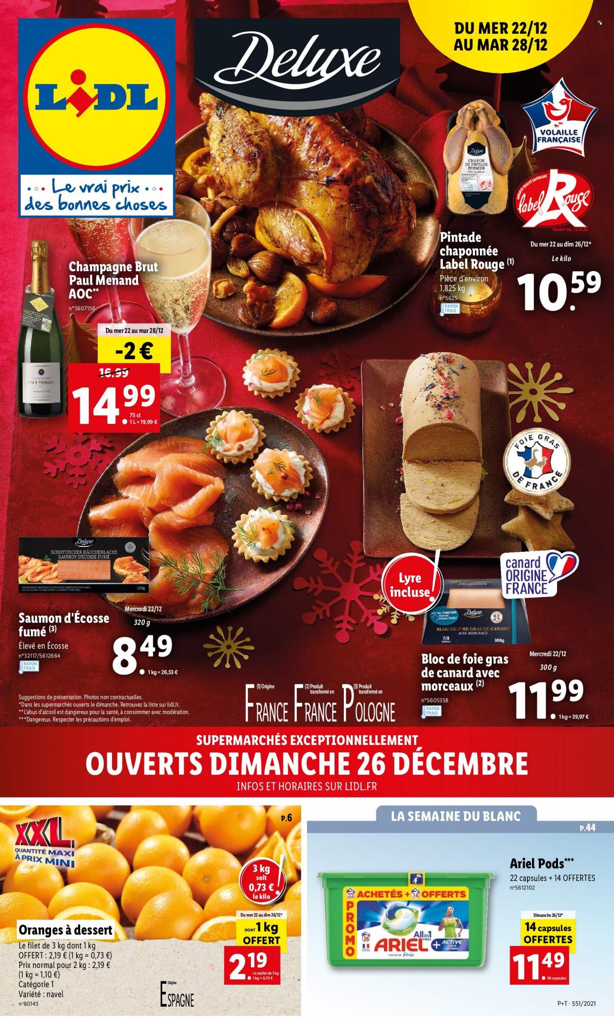 thumbnail - Catalogue Lidl - 22/12/2021 - 28/12/2021 - Produits soldés - oranges, pintade, champagne, Ariel, tablettes de lavage. Page 1.