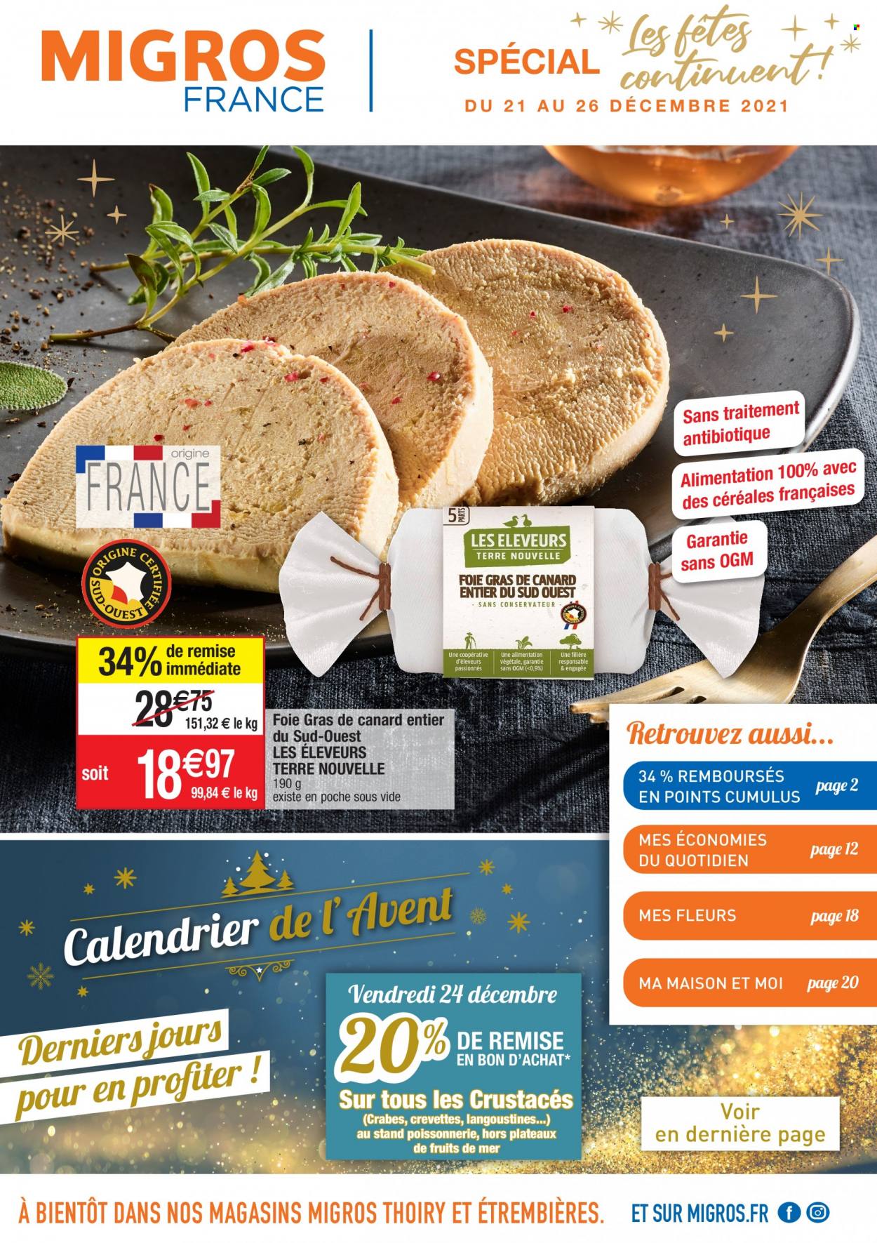 thumbnail - Catalogue Migros France - 21/12/2021 - 26/12/2021 - Produits soldés - crabe, crevettes, foie gras, maison, fleur. Page 1.