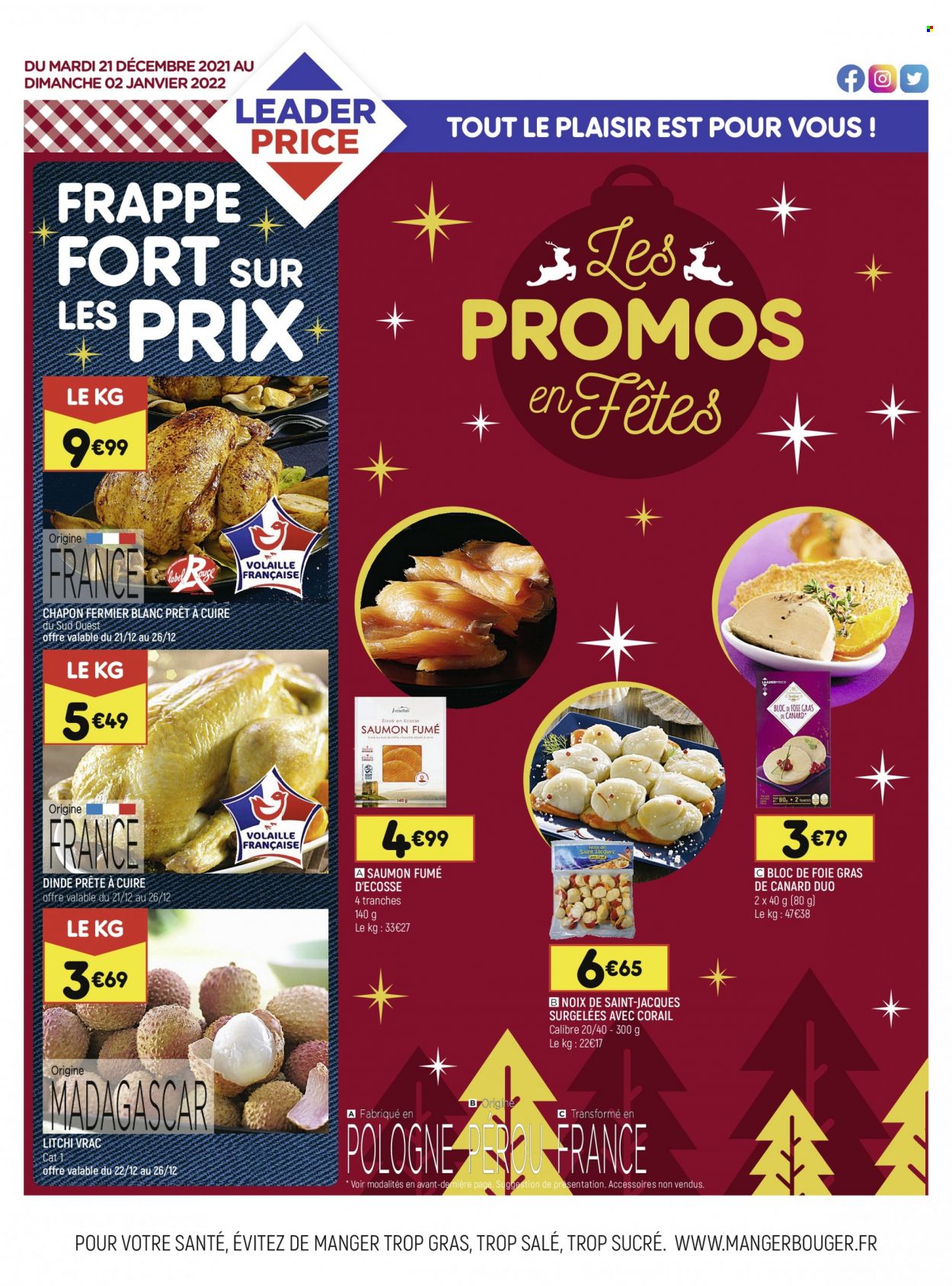 thumbnail - Catalogue Leader Price - 21/12/2021 - 02/01/2022 - Produits soldés - litchi, chapon, saumon, foie gras, saumon fumé. Page 1.