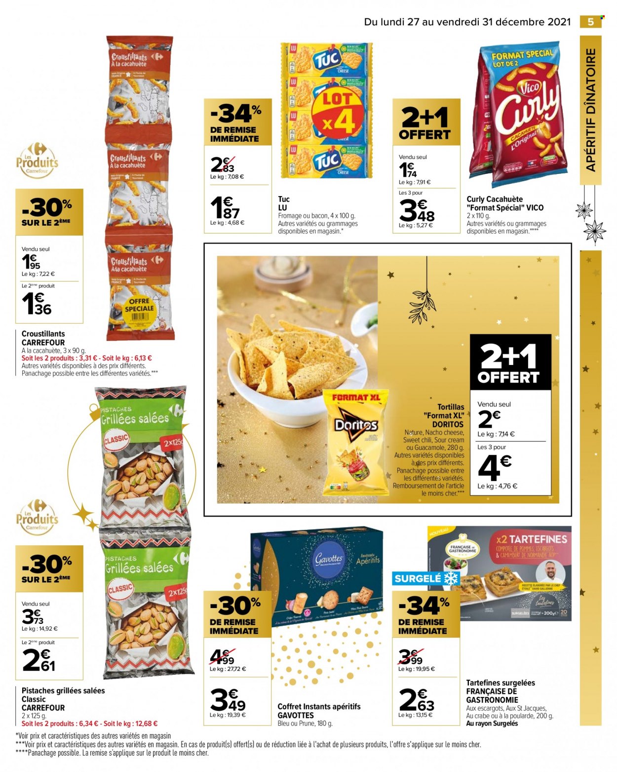thumbnail - Catalogue Carrefour Hypermarchés - 27/12/2021 - 31/12/2021 - Produits soldés - prune, escargots, poularde, crabe, LU, Vico, collation salée, TUC, Doritos, nacho, guacamole, pistache, apéritif, coffret. Page 5.