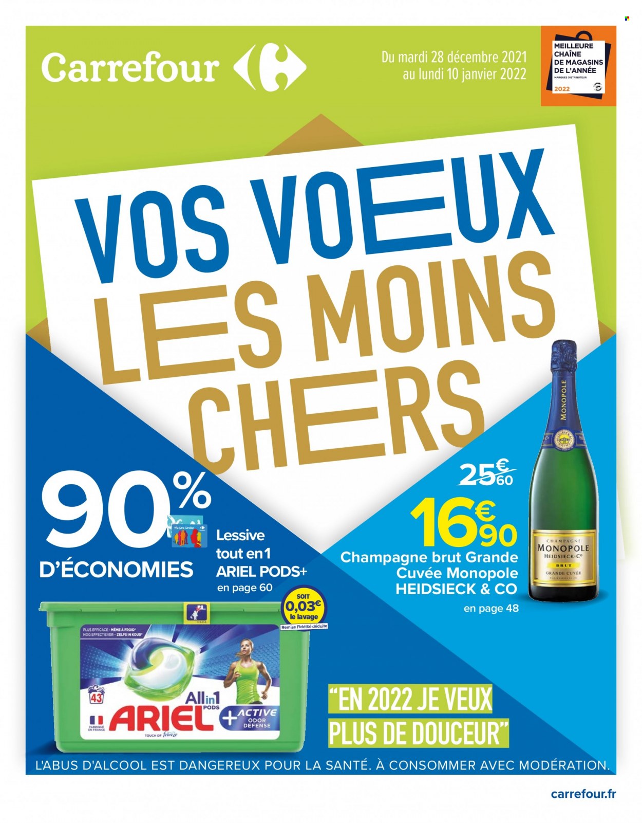 Catalogue Carrefour Hypermarchés - 28/12/2021 - 10/01/2022 - Produits soldés - champagne, Ariel, lessive, tablettes de lavage. Page 1.