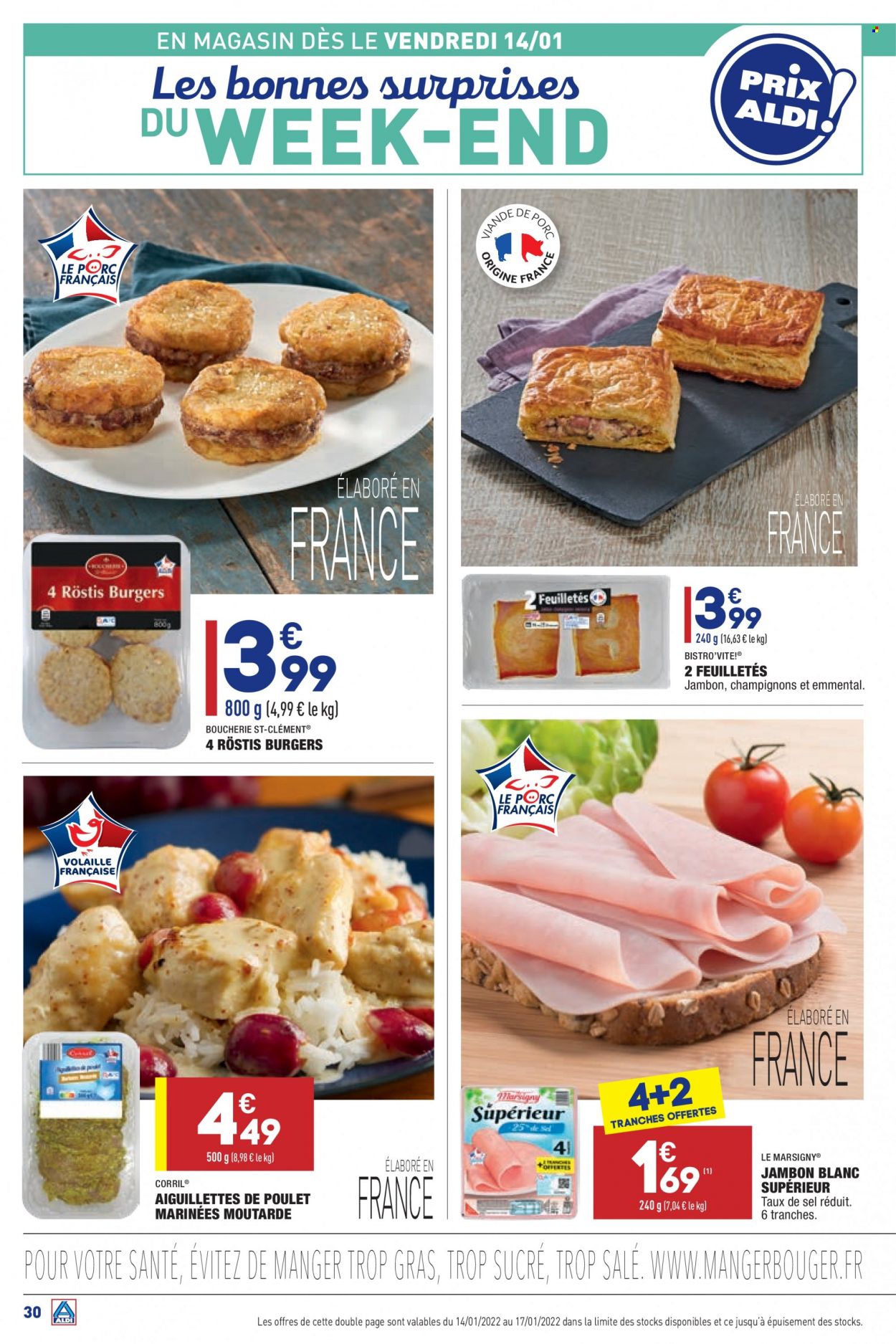 thumbnail - Catalogue ALDI - 11/01/2022 - 17/01/2022 - Produits soldés - viande de poulet, escalope de poulet, feuilletés apéritifs, jambon blanc, fromage, moutarde. Page 32.