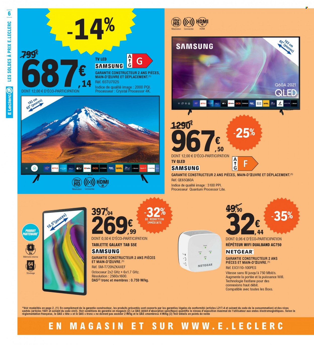 thumbnail - Catalogue E.Leclerc - 03/01/2022 - 30/01/2022 - Produits soldés - Samsung, répéteur WiFi, Netgear, tablette, téléviseur, téléviseur LED, TV QLED. Page 6.