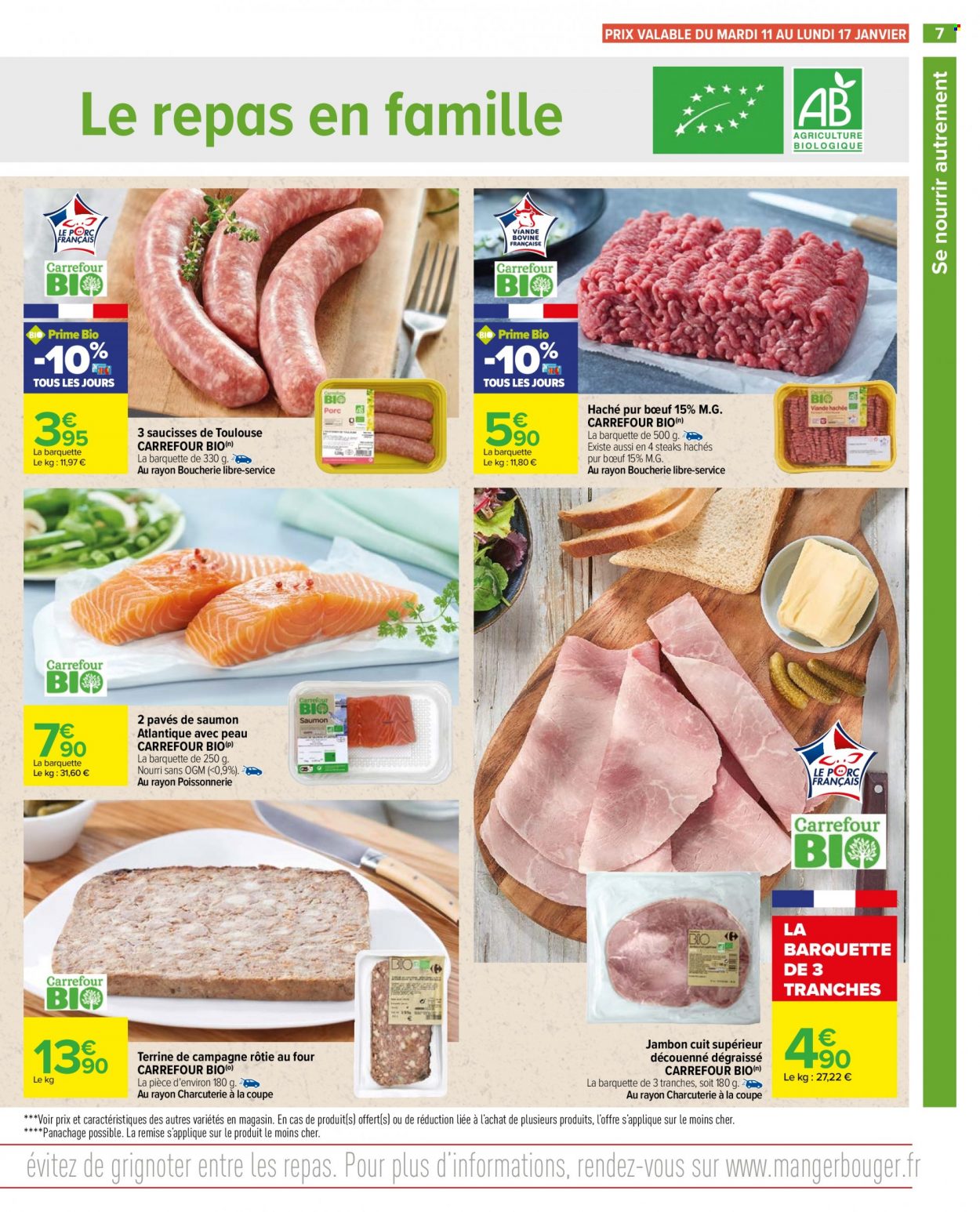 thumbnail - Catalogue Carrefour Hypermarchés - 11/01/2022 - 24/01/2022 - Produits soldés - steak haché, viande hachée, pavés de saumon, jambon, saucisse, terrine. Page 7.