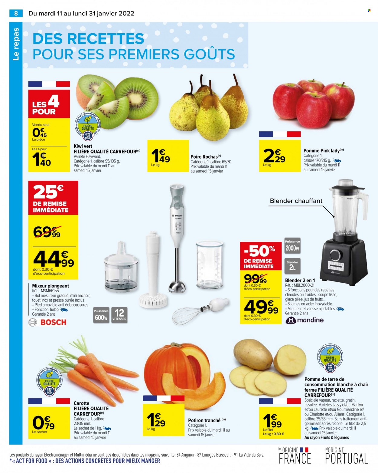 thumbnail - Catalogue Carrefour Hypermarchés - 11/01/2022 - 31/01/2022 - Produits soldés - kiwi, carotte, potimarron, pommes de terre, glace, hachoir, fouet, blender, blender chauffant, mixeur. Page 8.