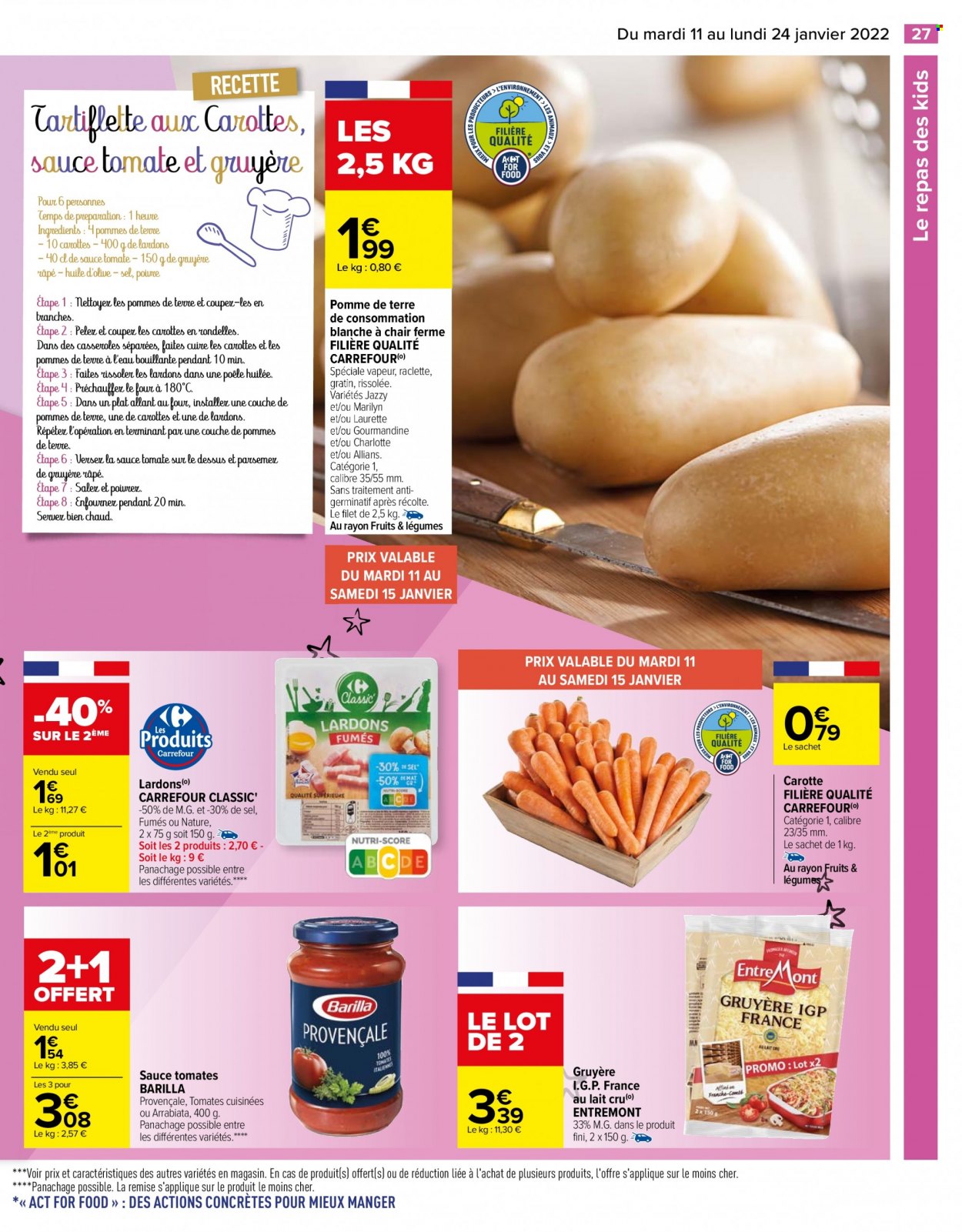 thumbnail - Catalogue Carrefour Hypermarchés - 11/01/2022 - 24/01/2022 - Produits soldés - carotte, pommes de terre, lardons, gruyère, sauce tomate, Barilla. Page 27.