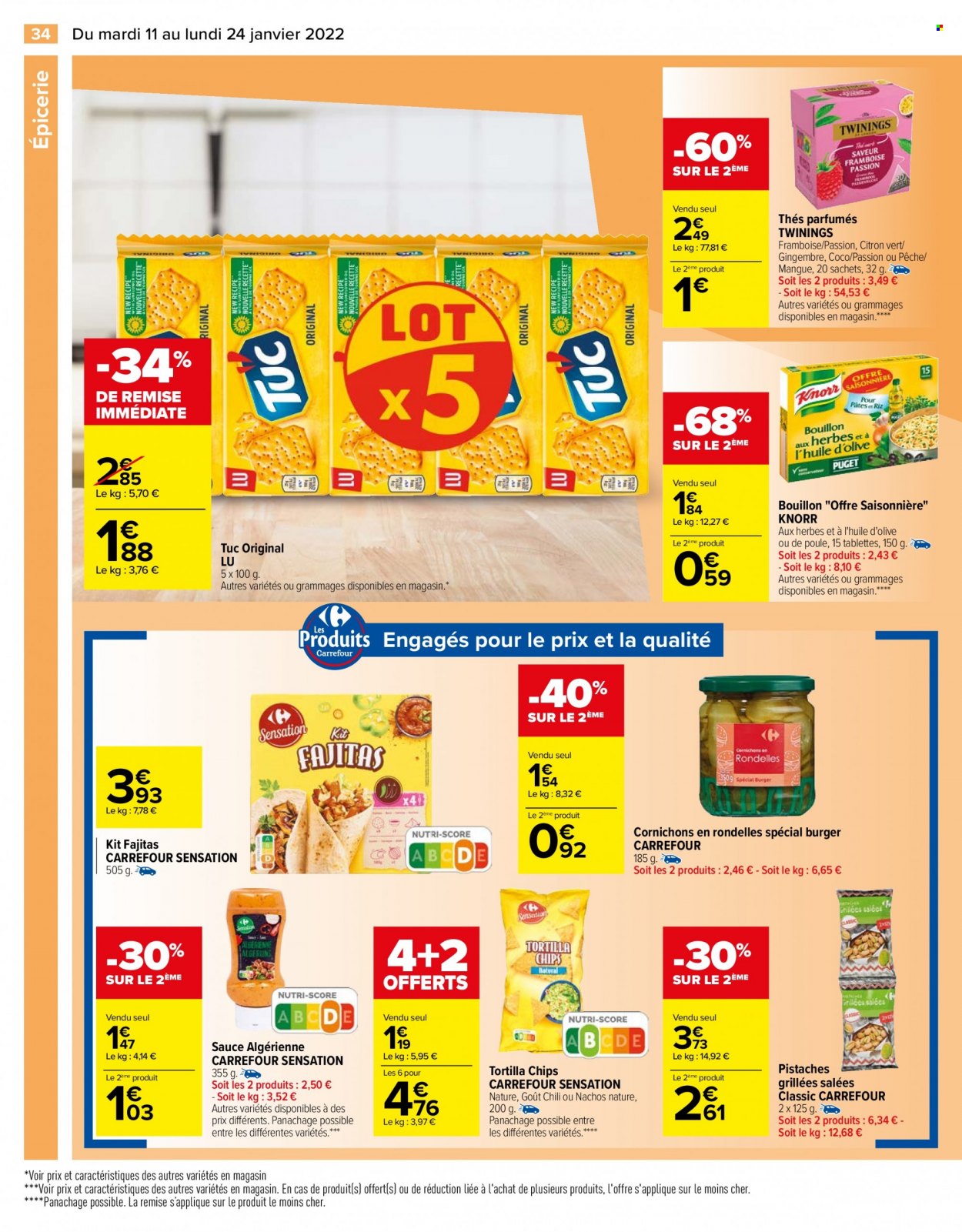 thumbnail - Catalogue Carrefour Hypermarchés - 11/01/2022 - 24/01/2022 - Produits soldés - mangue, gingembre, Knorr, fajitas, LU, chips, tortilla chips, TUC, bouillon, cornichons, huile d'olive, pistache. Page 34.