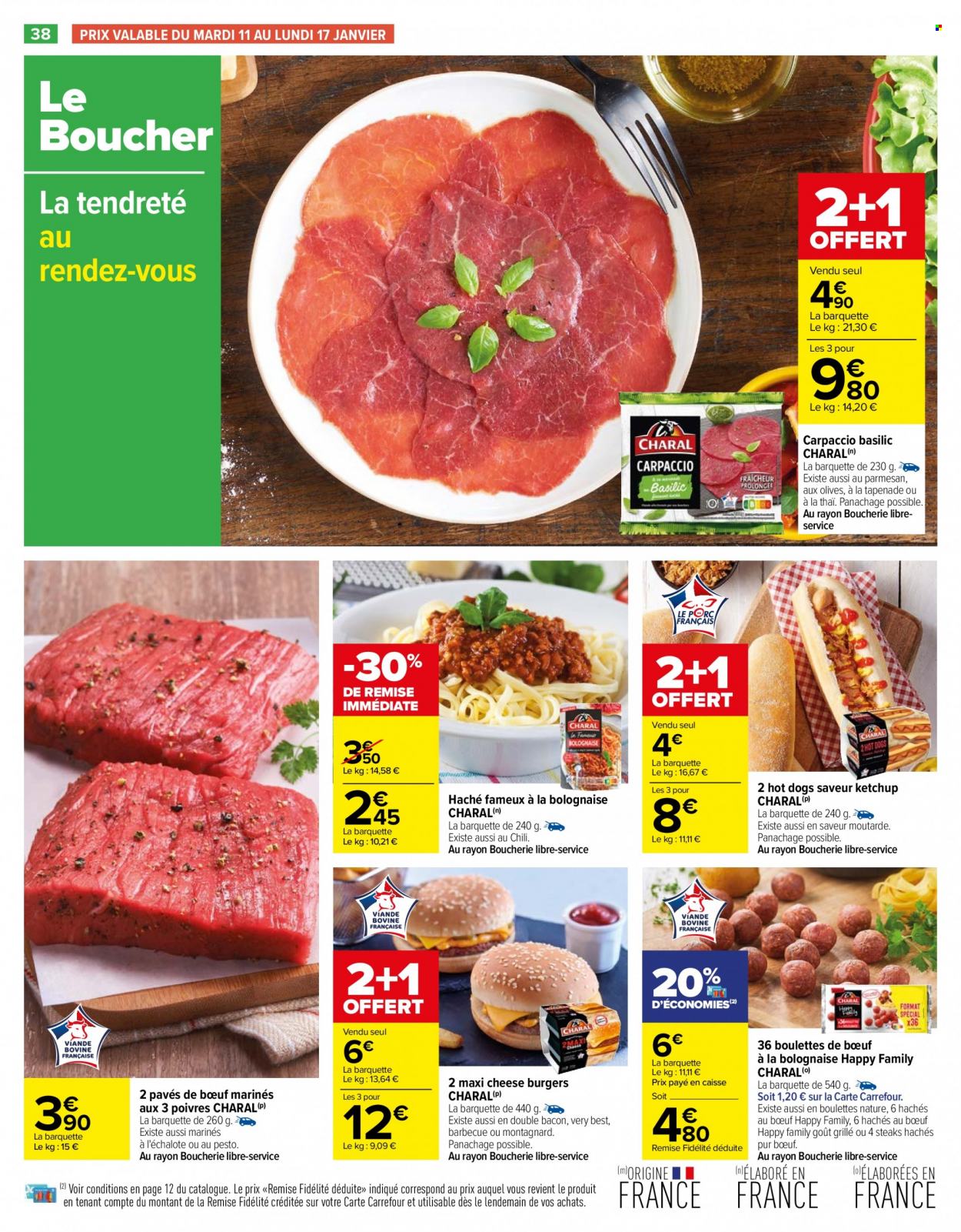 thumbnail - Catalogue Carrefour Hypermarchés - 11/01/2022 - 24/01/2022 - Produits soldés - carpaccio, steak haché, boulettes de bœuf, viande hachée, bacon, tapenade, ketchup, barbecue. Page 38.