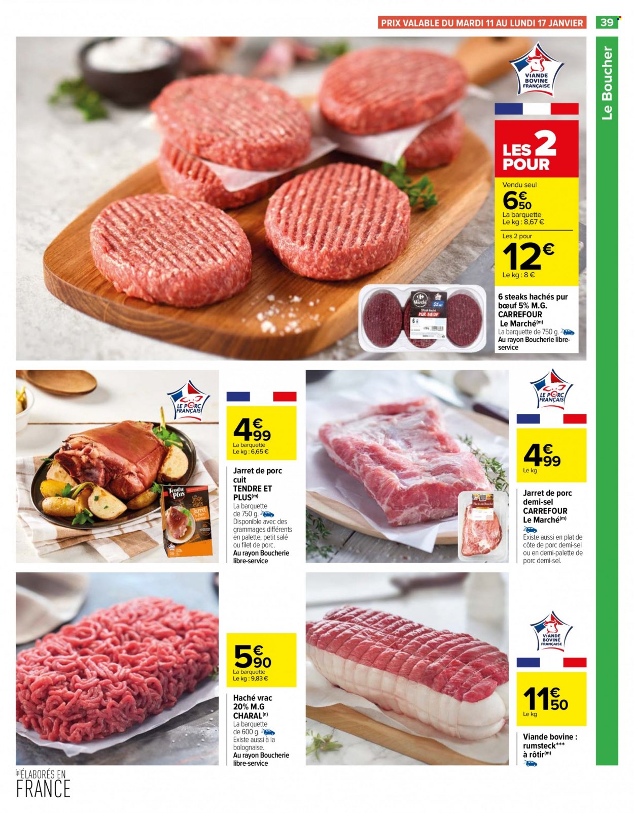 thumbnail - Catalogue Carrefour Hypermarchés - 11/01/2022 - 24/01/2022 - Produits soldés - côtes de porc, viande de porc, palette de porc, steak haché, viande hachée, haché vrac. Page 39.