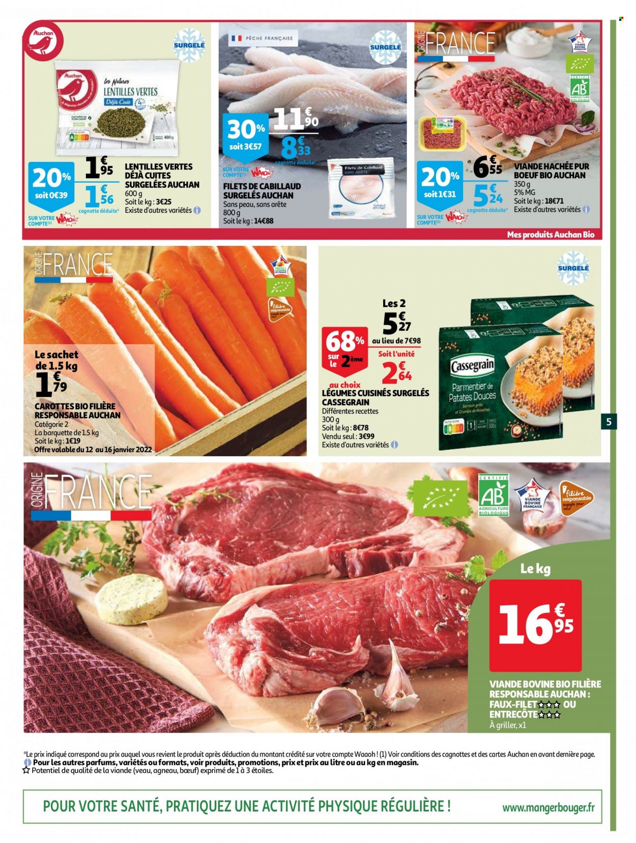 thumbnail - Catalogue Auchan - 12/01/2022 - 25/01/2022 - Produits soldés - carotte, viande de veau, entrecôte, viande hachée, cabillaud, lentilles. Page 5.