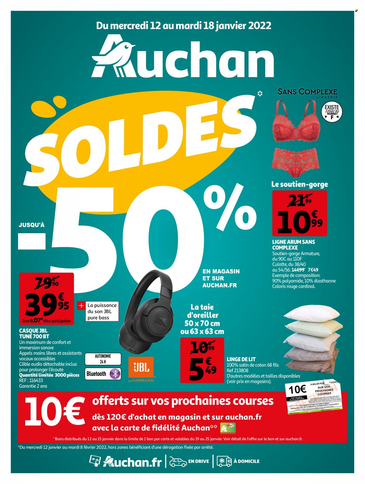 thumbnail - Catalogue Auchan - 12/01/2022 - 18/01/2022 - Produits soldés - casque, linge de lit, taie, JBL, soutien-gorge, lingerie, culotte. Page 1.