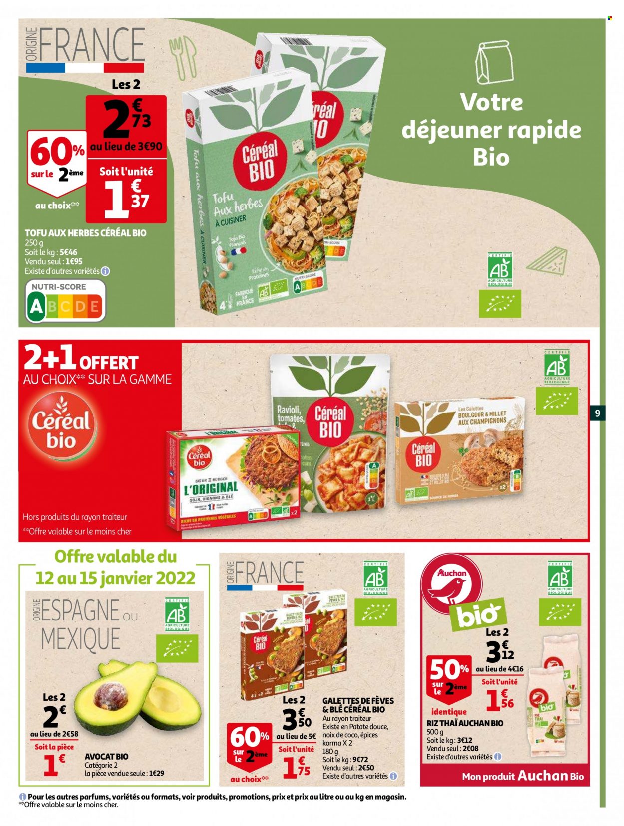 thumbnail - Catalogue Auchan - 12/01/2022 - 25/01/2022 - Produits soldés - avocat, noix de coco, galettes, ravioli, fèves, tofu, soja, riz. Page 9.