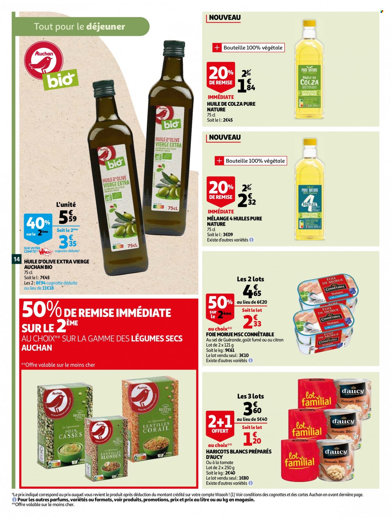 thumbnail - Catalogue Auchan - 12/01/2022 - 25/01/2022 - Produits soldés - morue, lentilles, haricots, huile, huile d'olive vierge extra, huile de colza, huile d'olive. Page 14.