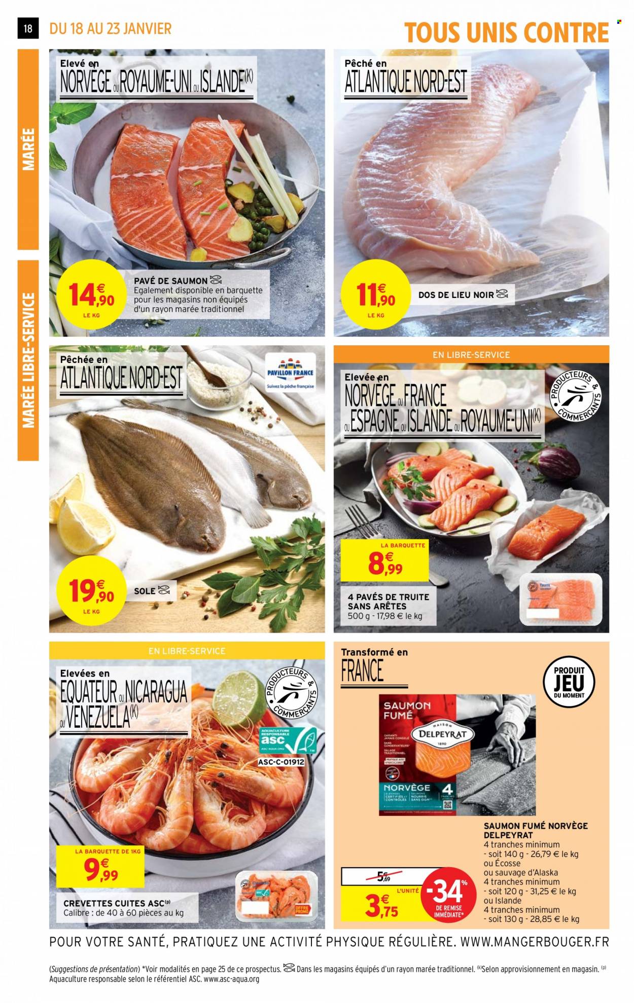 thumbnail - Catalogue Intermarché Super - 18/01/2022 - 23/01/2022 - Produits soldés - jeu, saumon, crevettes, truite, filet de lieu, saumon fumé. Page 18.